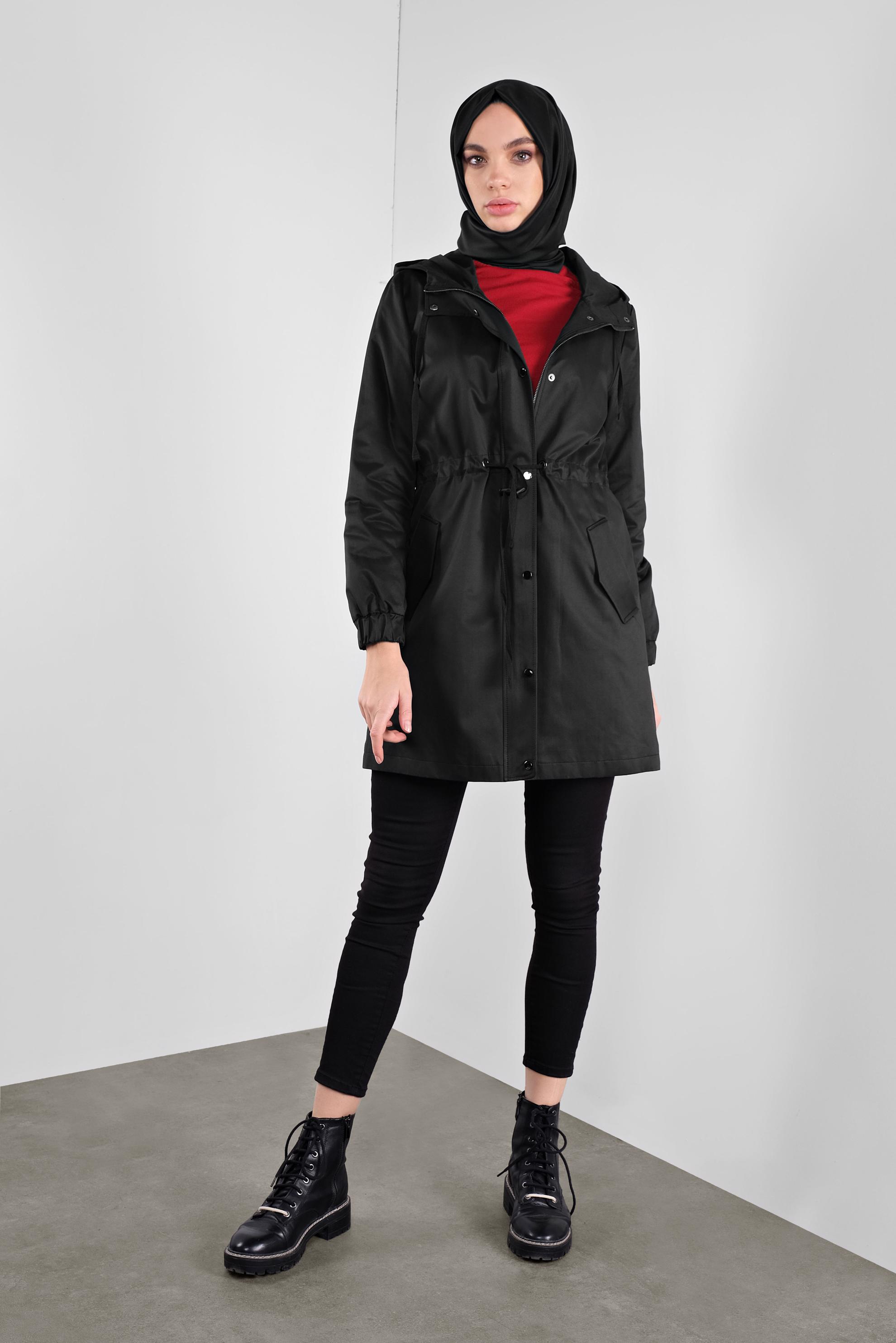 Hijab clothing BLACK HOODED ZIPPED PARKA 90127 