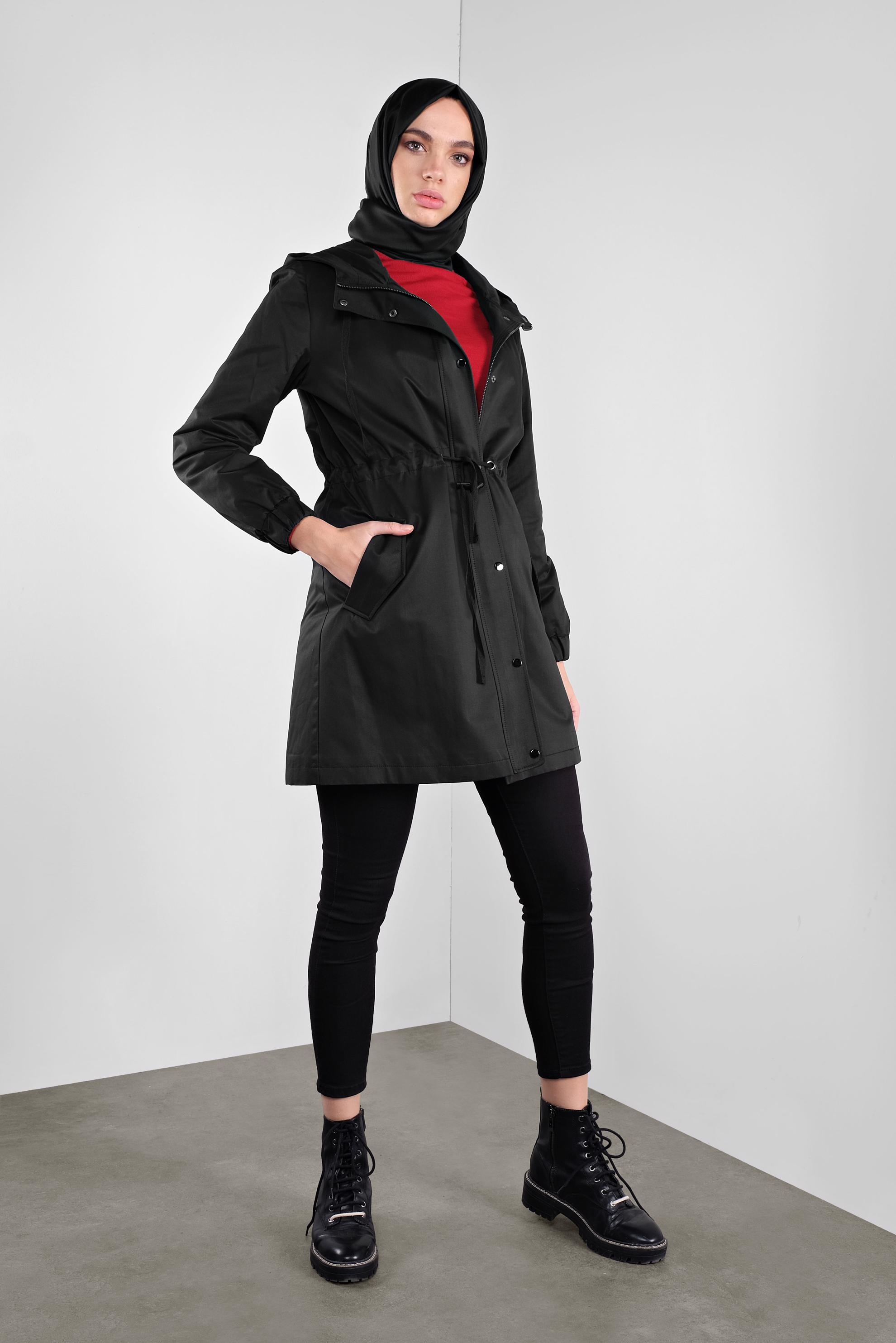 Hijab clothing BLACK HOODED ZIPPED PARKA 90127 