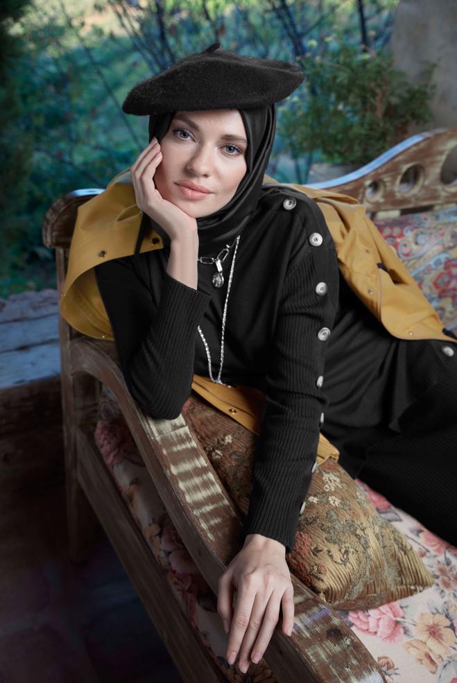 Tesettür giyim  Sarı-Siyah Uyumu - ALVİNA