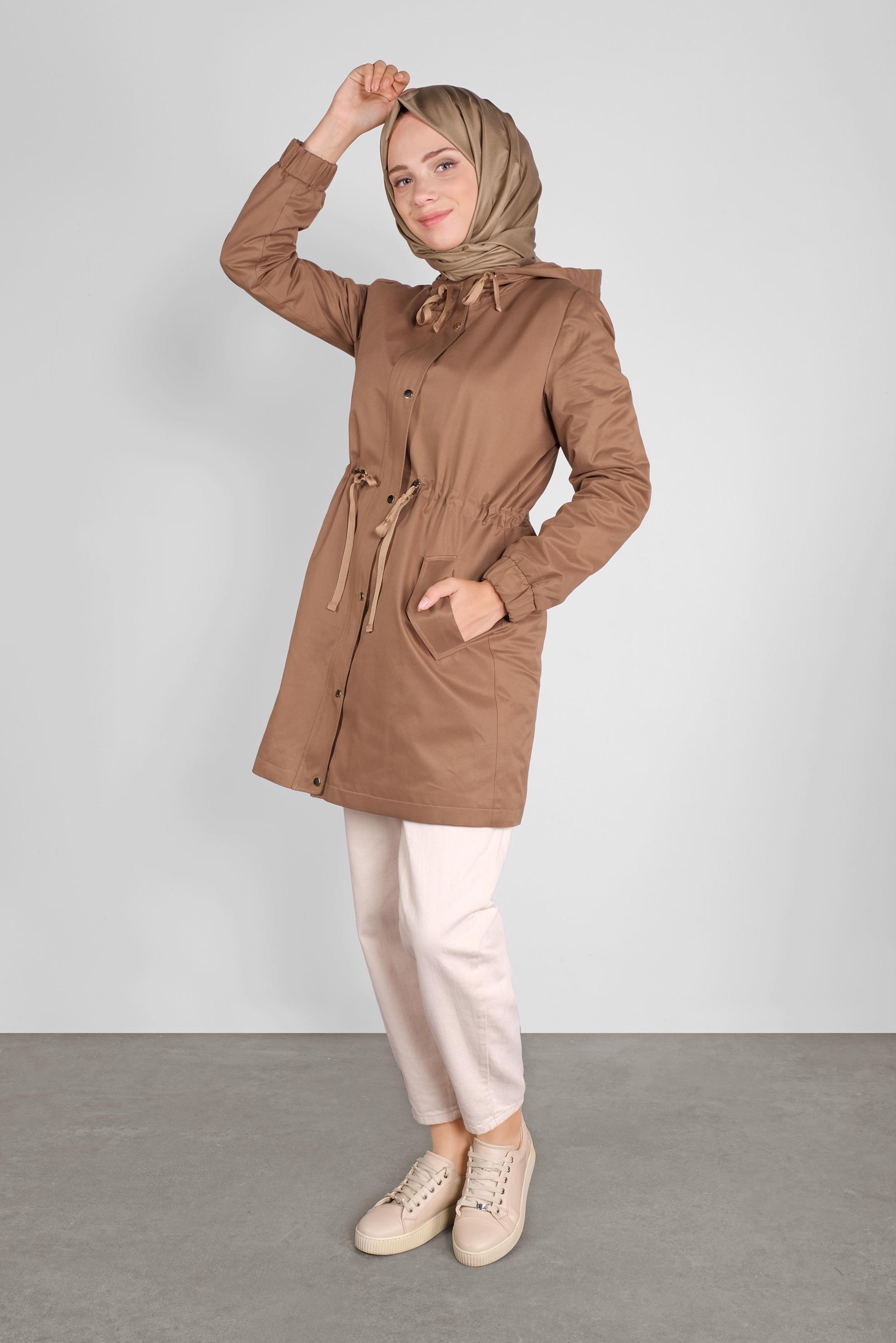 Tesettür giyim TABA KAPÜŞONLU FERMUARLI PARKA 90127 