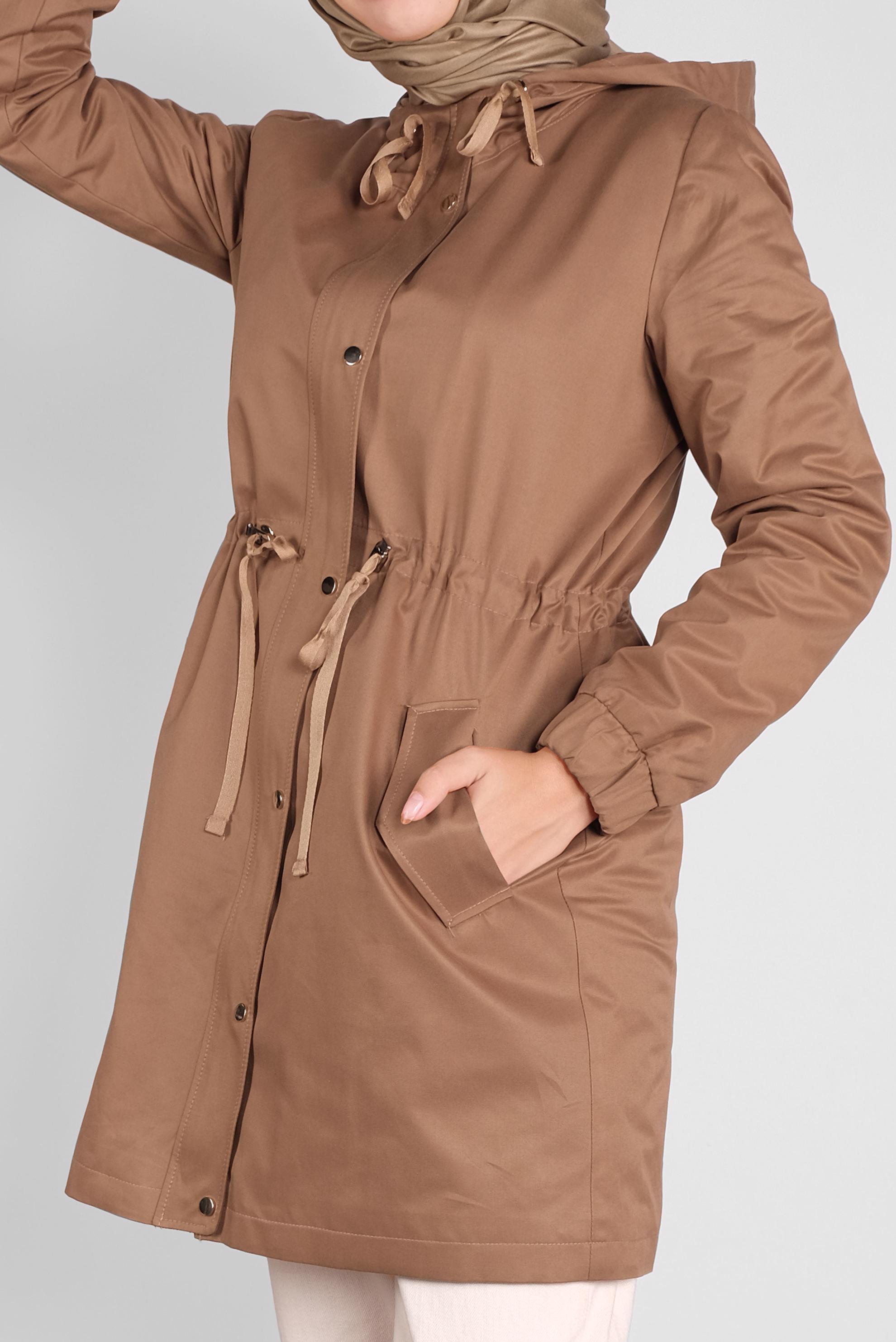 Tesettür giyim TABA KAPÜŞONLU FERMUARLI PARKA 90127 