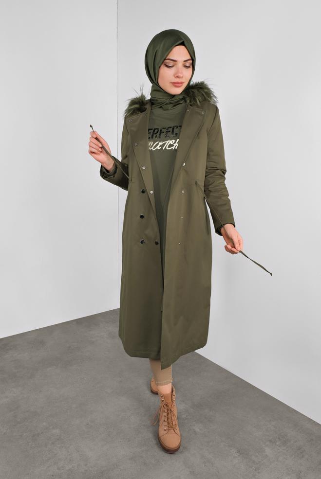 Vêtements hijab  PARKA À TAILLE-BOULLIONNÉE AVEC CAPUCHE 90133 - ALVİNA