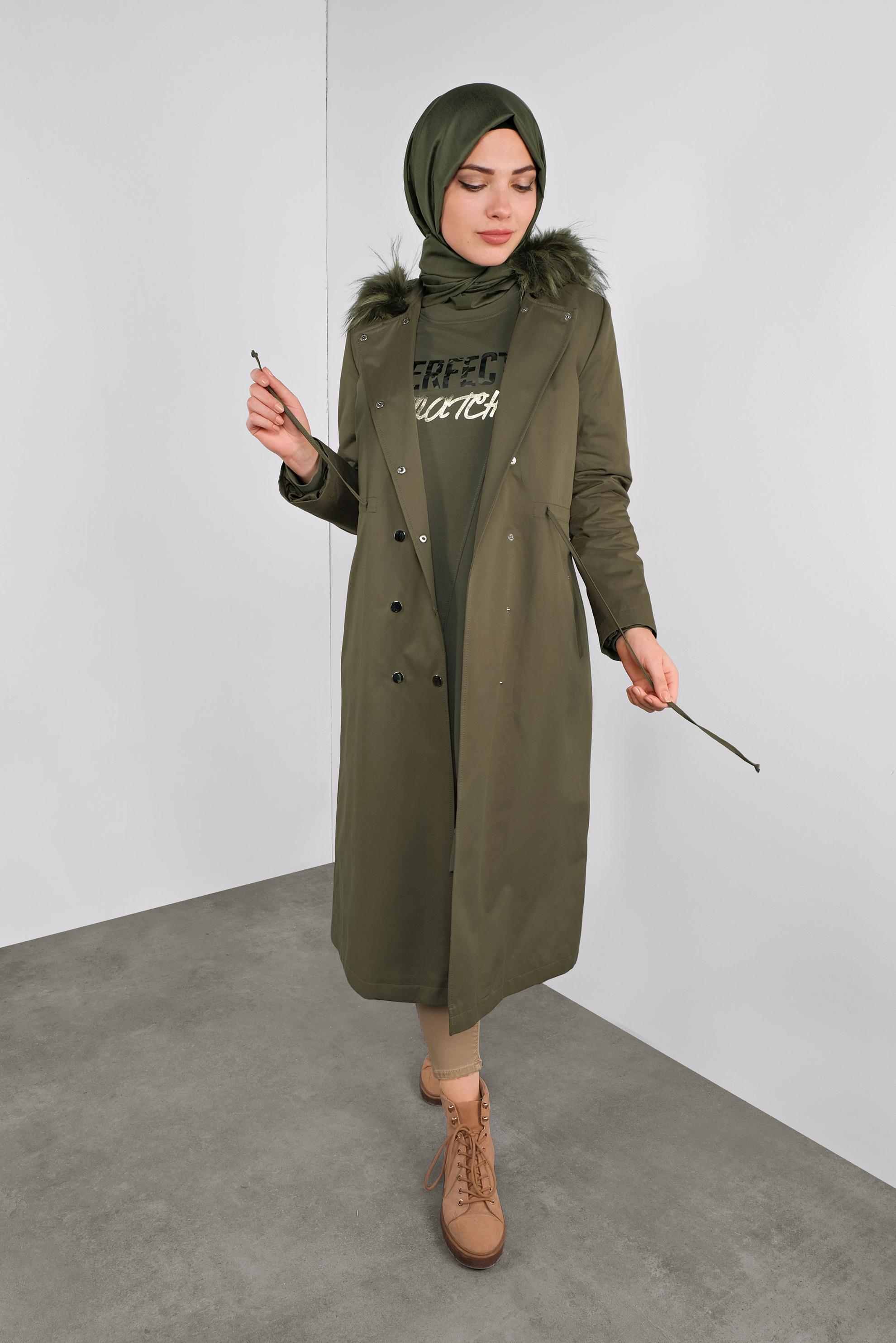 Hijab clothing KHAKI HOODED SMOCKED-WAIST PARKA 90133 