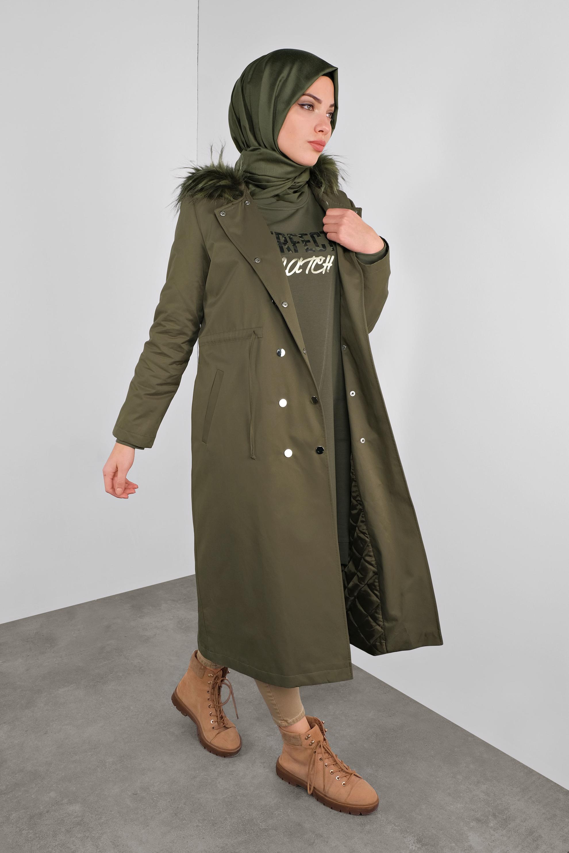 Hijab clothing KHAKI HOODED SMOCKED-WAIST PARKA 90133 