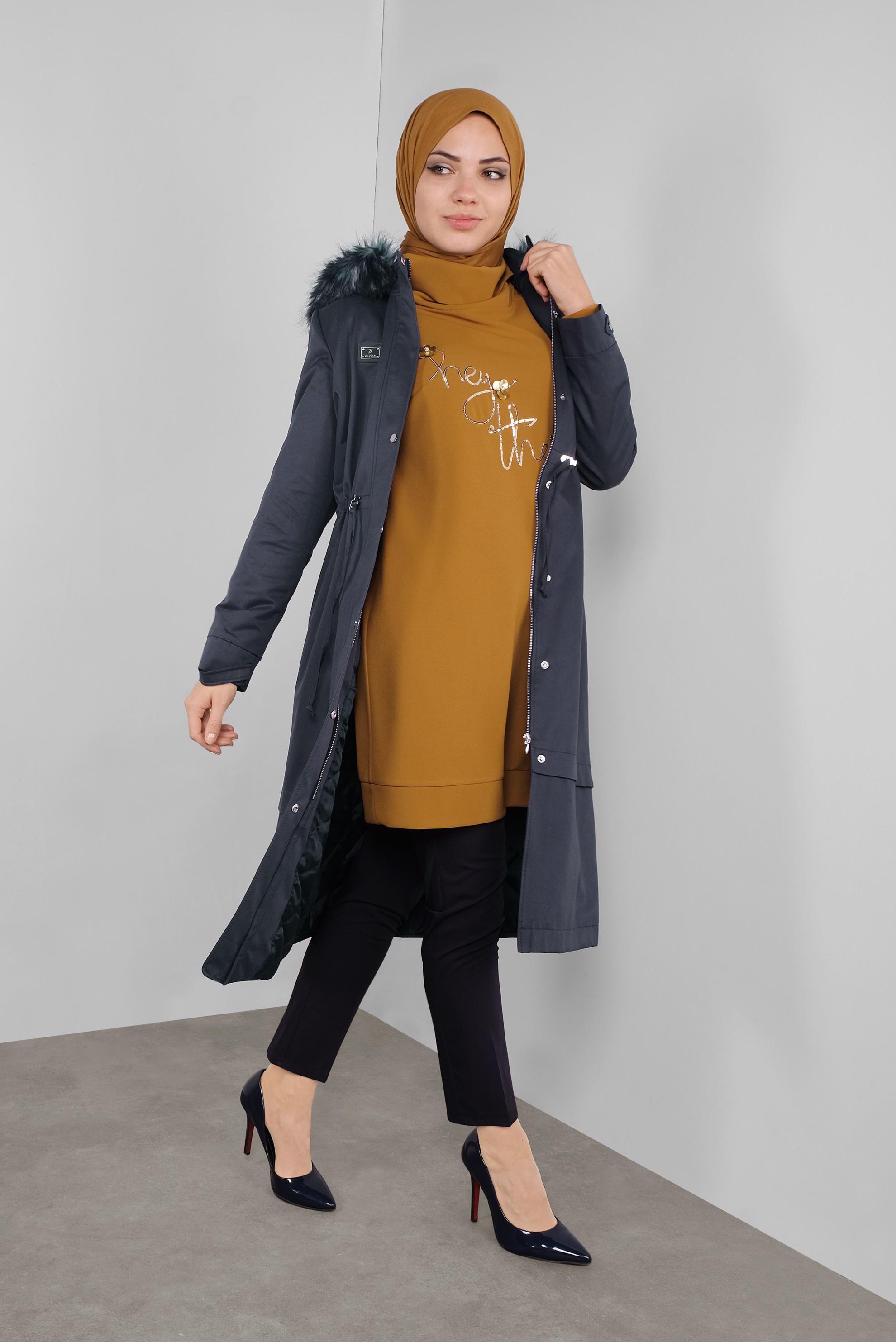 Tesettür giyim LACİVERT BELİ BÜZGÜLÜ KÜRKLÜ PARKA  90137 