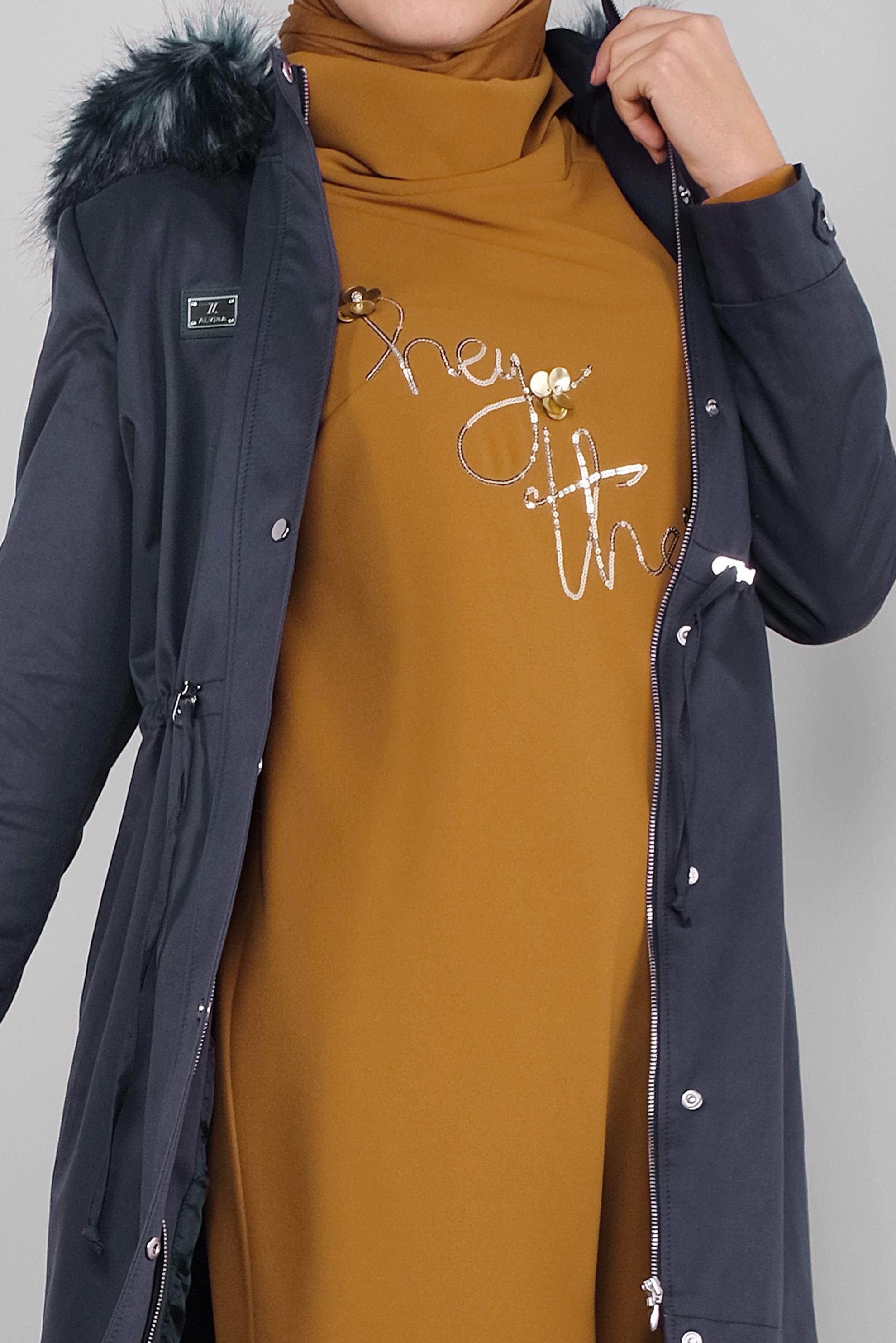 Tesettür giyim LACİVERT BELİ BÜZGÜLÜ KÜRKLÜ PARKA  90137 