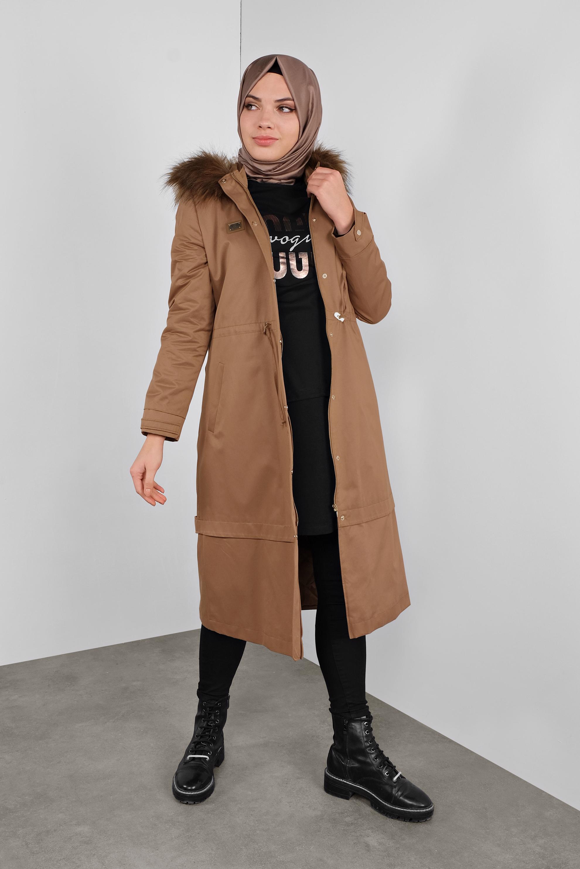 Tesettür giyim TABA BELİ BÜZGÜLÜ KÜRKLÜ PARKA  90137 