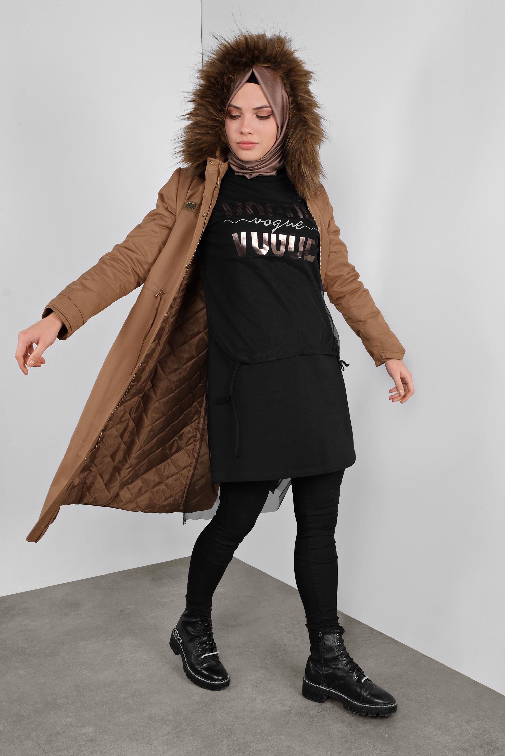 Tesettür giyim TABA BELİ BÜZGÜLÜ KÜRKLÜ PARKA  90137 