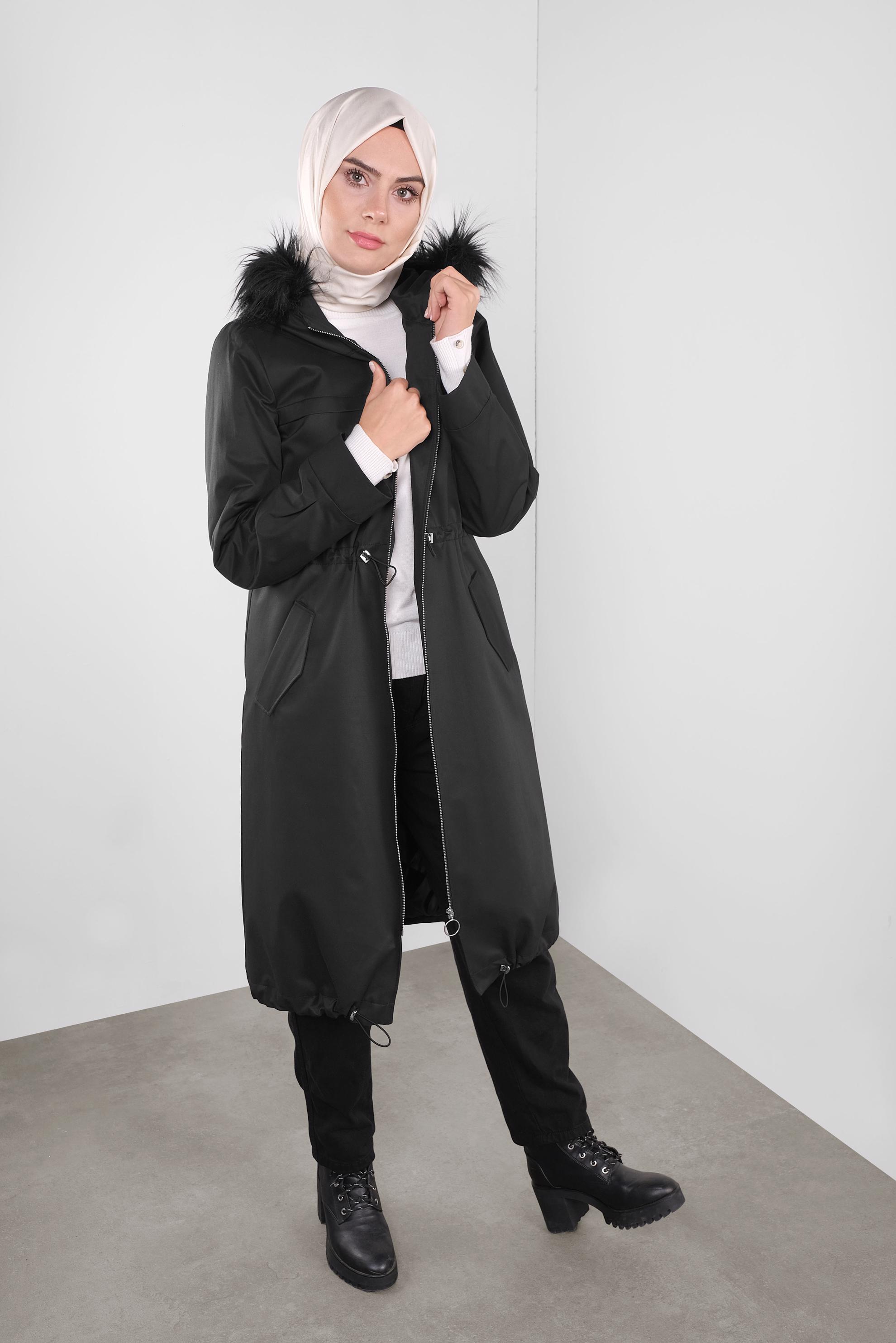 Vêtements hijab NOIR PARKA À TAILLE À SMOCKS À CAPUCHE 90138 