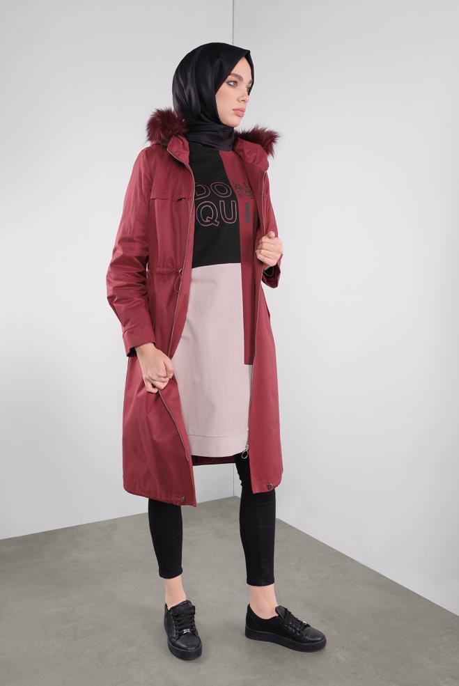 Vêtements hijab  PARKA À TAILLE À SMOCKS À CAPUCHE 90138  - ALVİNA