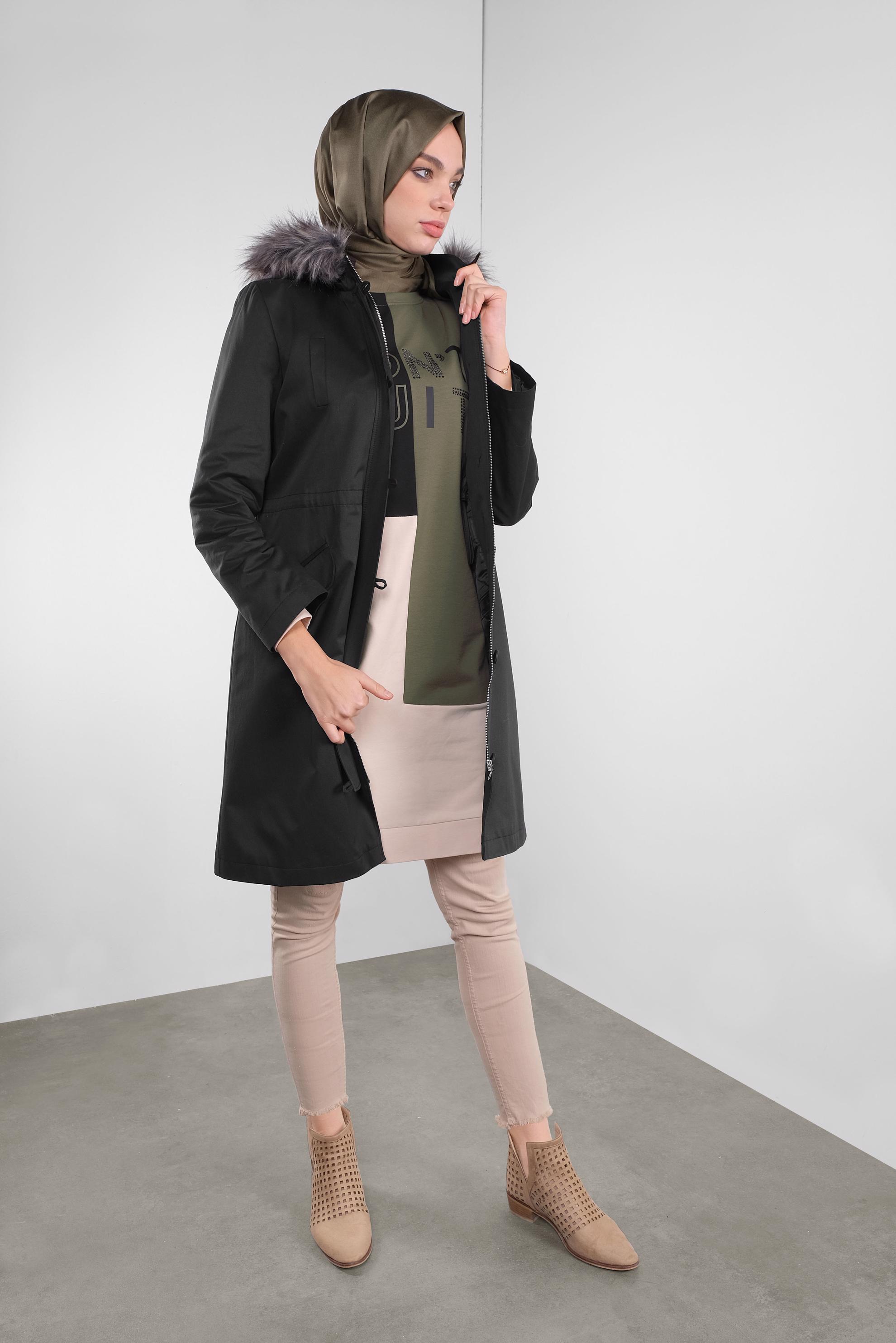 Tesettür giyim SİYAH KÜRKLÜ KAPÜŞONLU PARKA 90139 