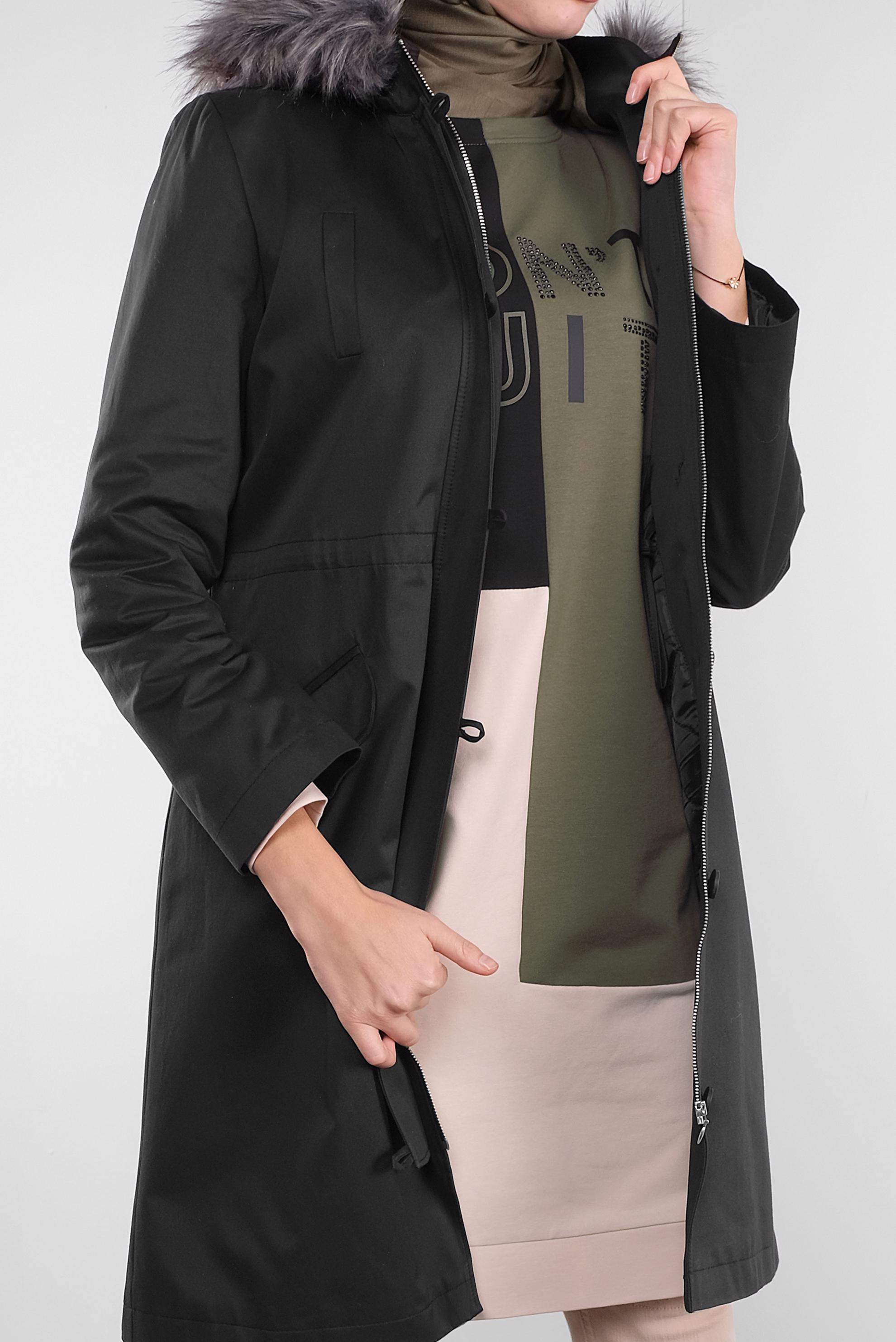 Tesettür giyim SİYAH KÜRKLÜ KAPÜŞONLU PARKA 90139 