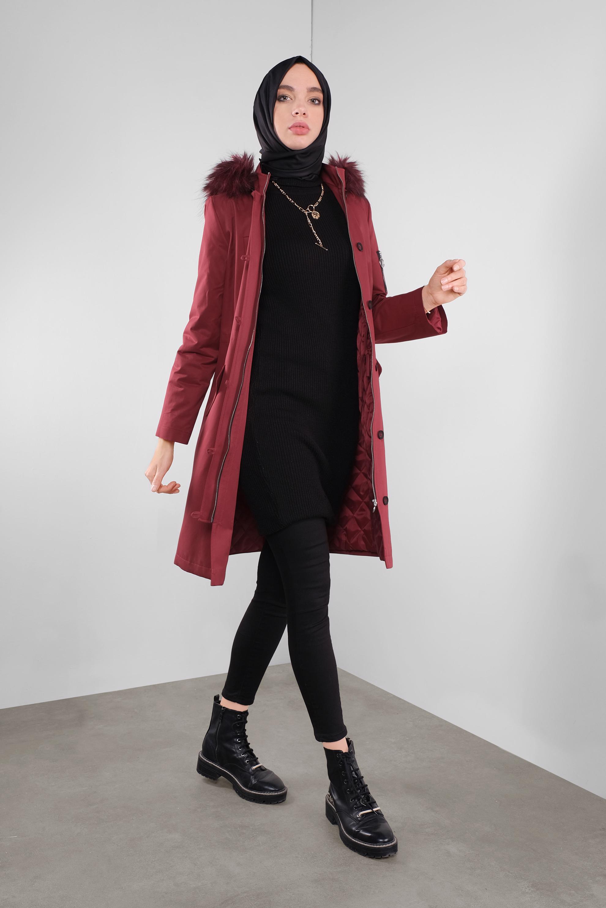 Tesettür giyim BORDO KÜRKLÜ KAPÜŞONLU PARKA 90139 