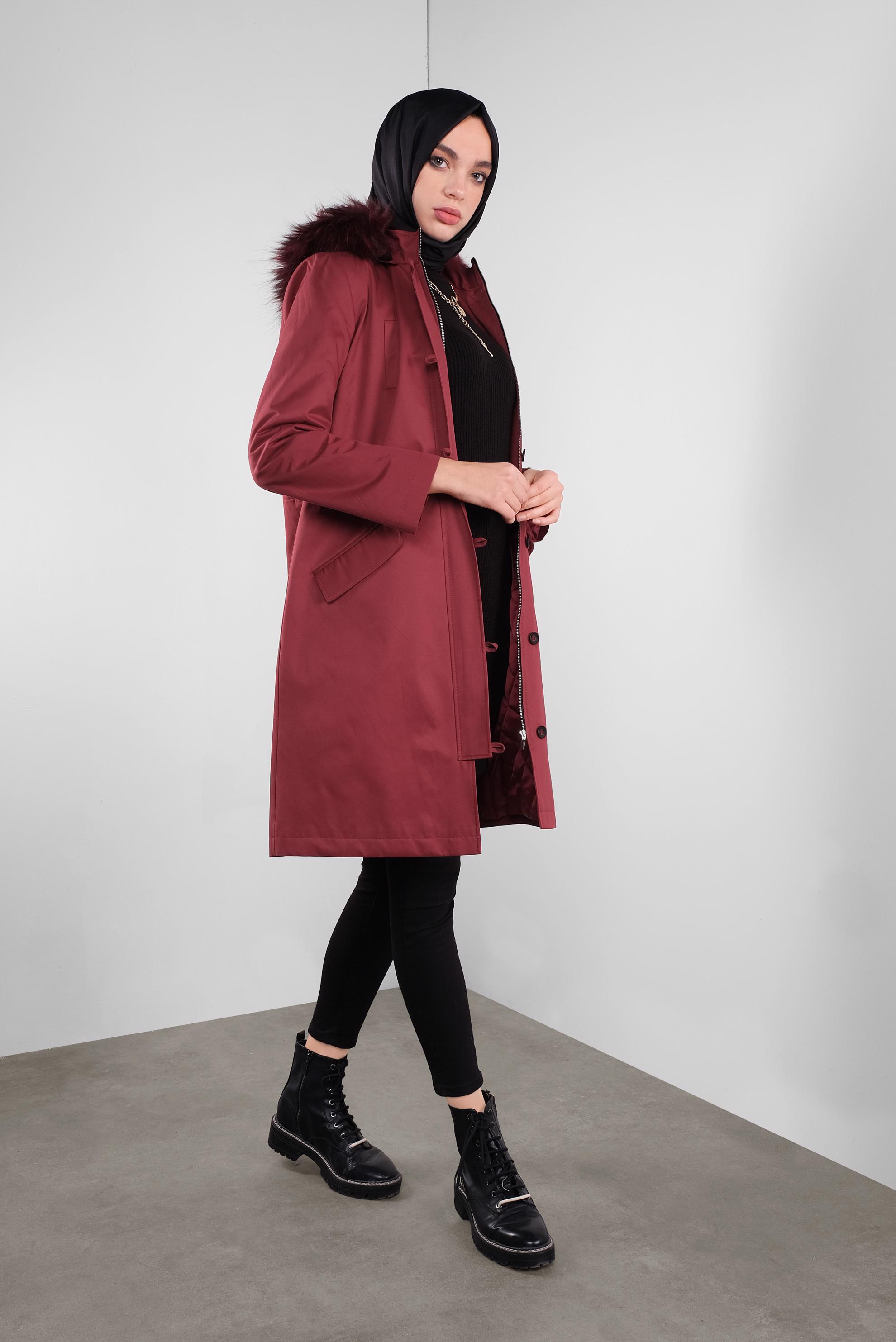Tesettür giyim BORDO KÜRKLÜ KAPÜŞONLU PARKA 90139 