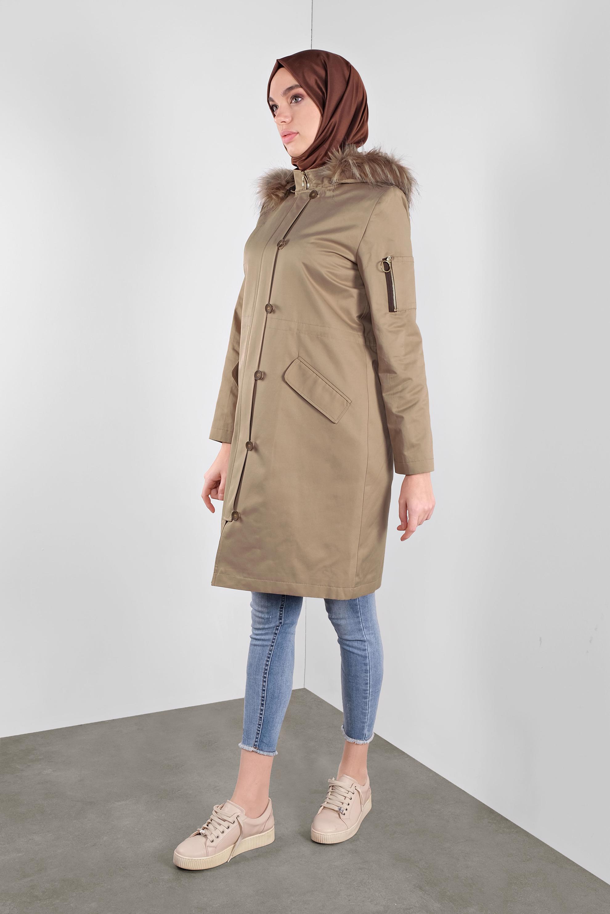 Vêtements hijab BRUN PARKA À CAPUCHE EN EFFET FOURRURE 90139 