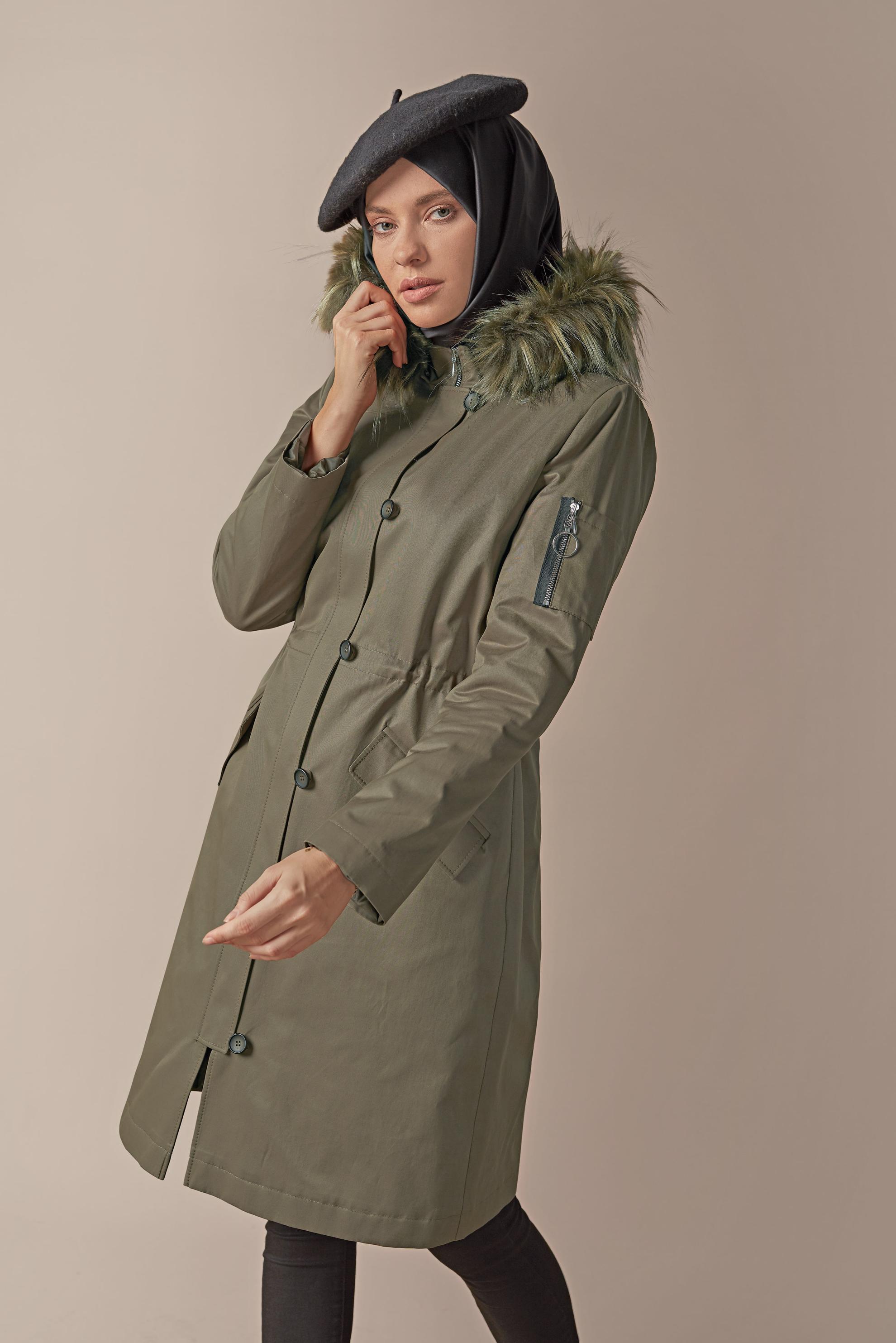 Hijab clothing KHAKI FAUX-FUR-TRIM HOODED PARKA 90139