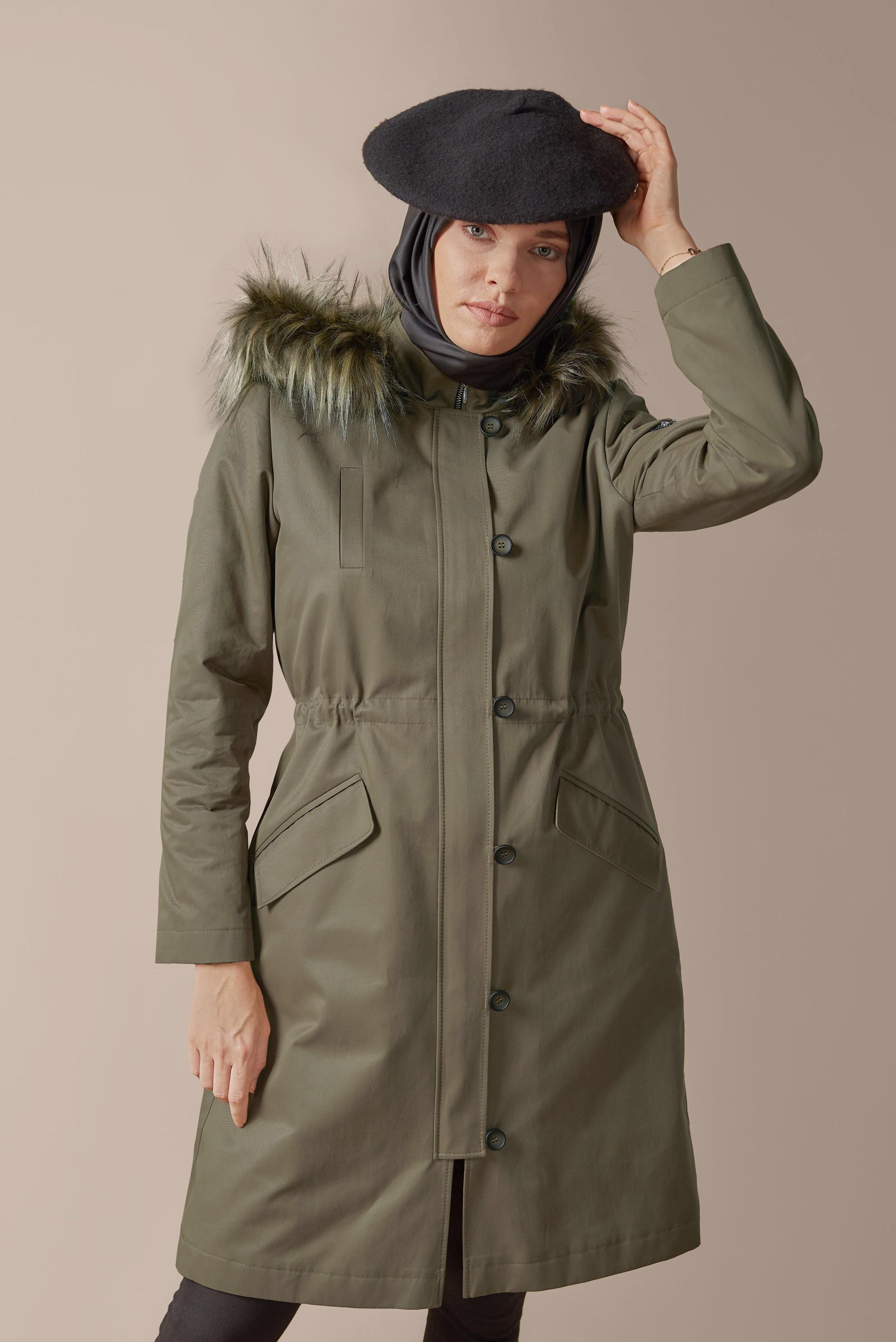 Hijab clothing KHAKI FAUX-FUR-TRIM HOODED PARKA 90139