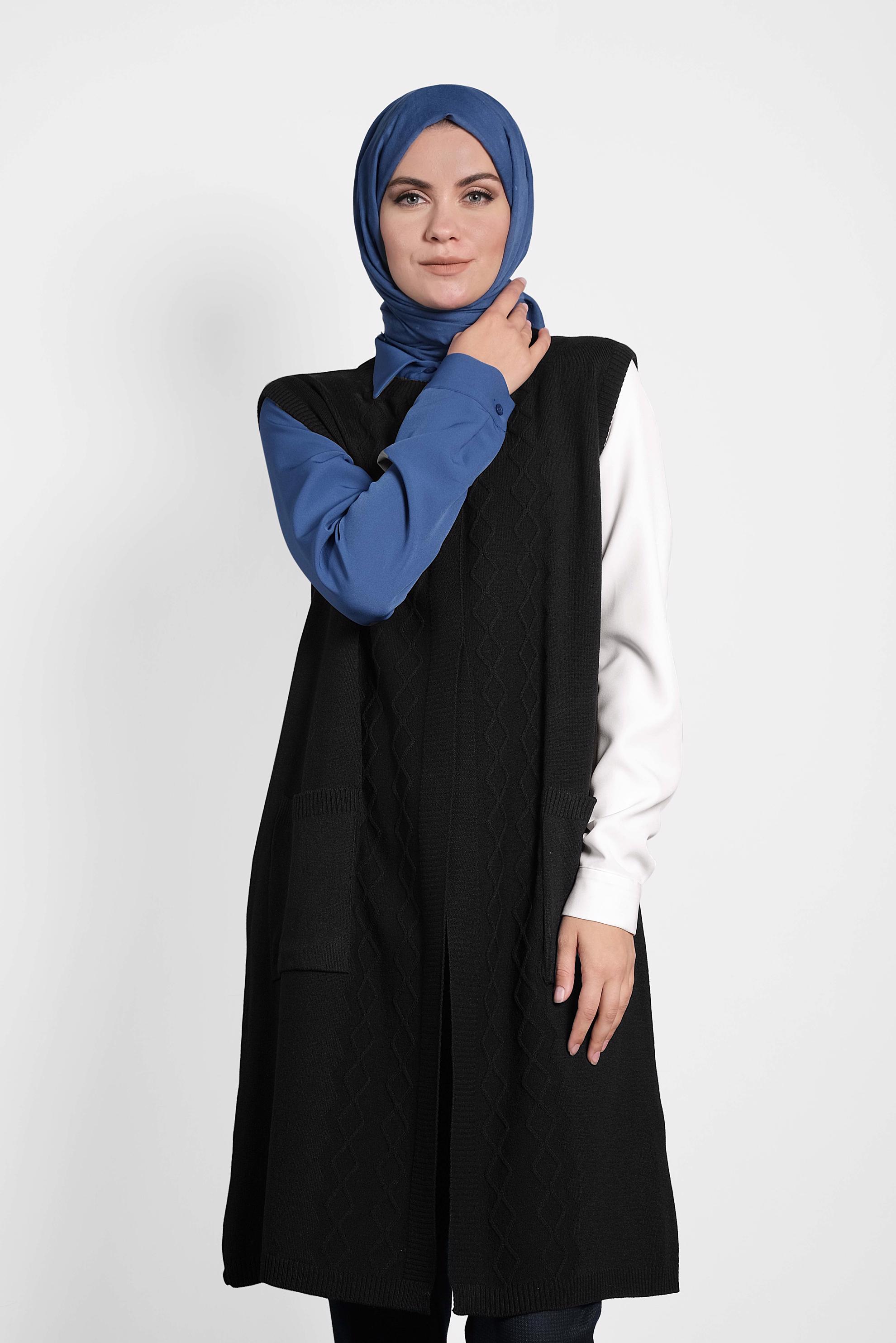 Tesettür giyim SİYAH CEPLİ TRİKO SÜVETER  40048 