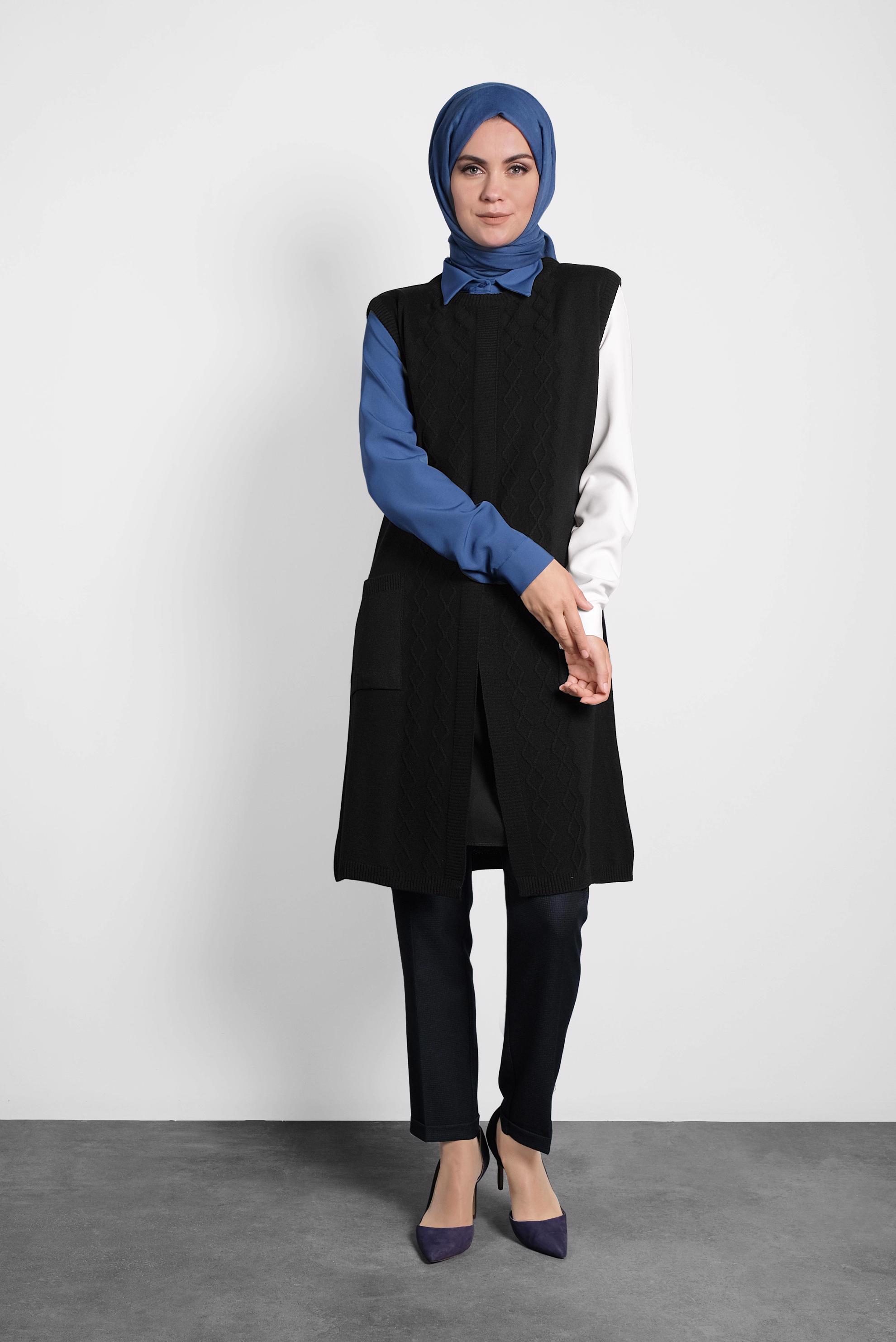 Tesettür giyim SİYAH CEPLİ TRİKO SÜVETER  40048 