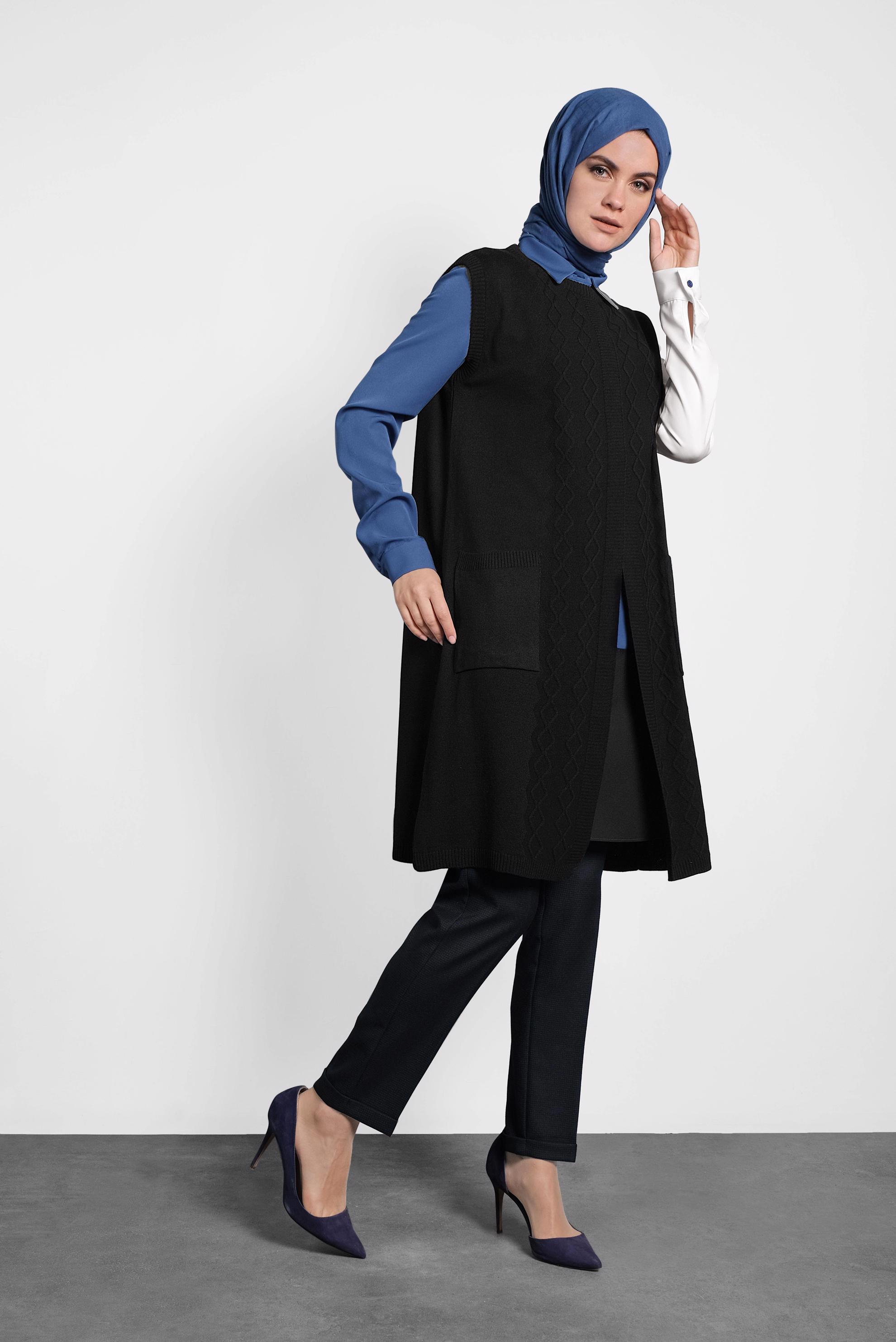 Tesettür giyim SİYAH CEPLİ TRİKO SÜVETER  40048 