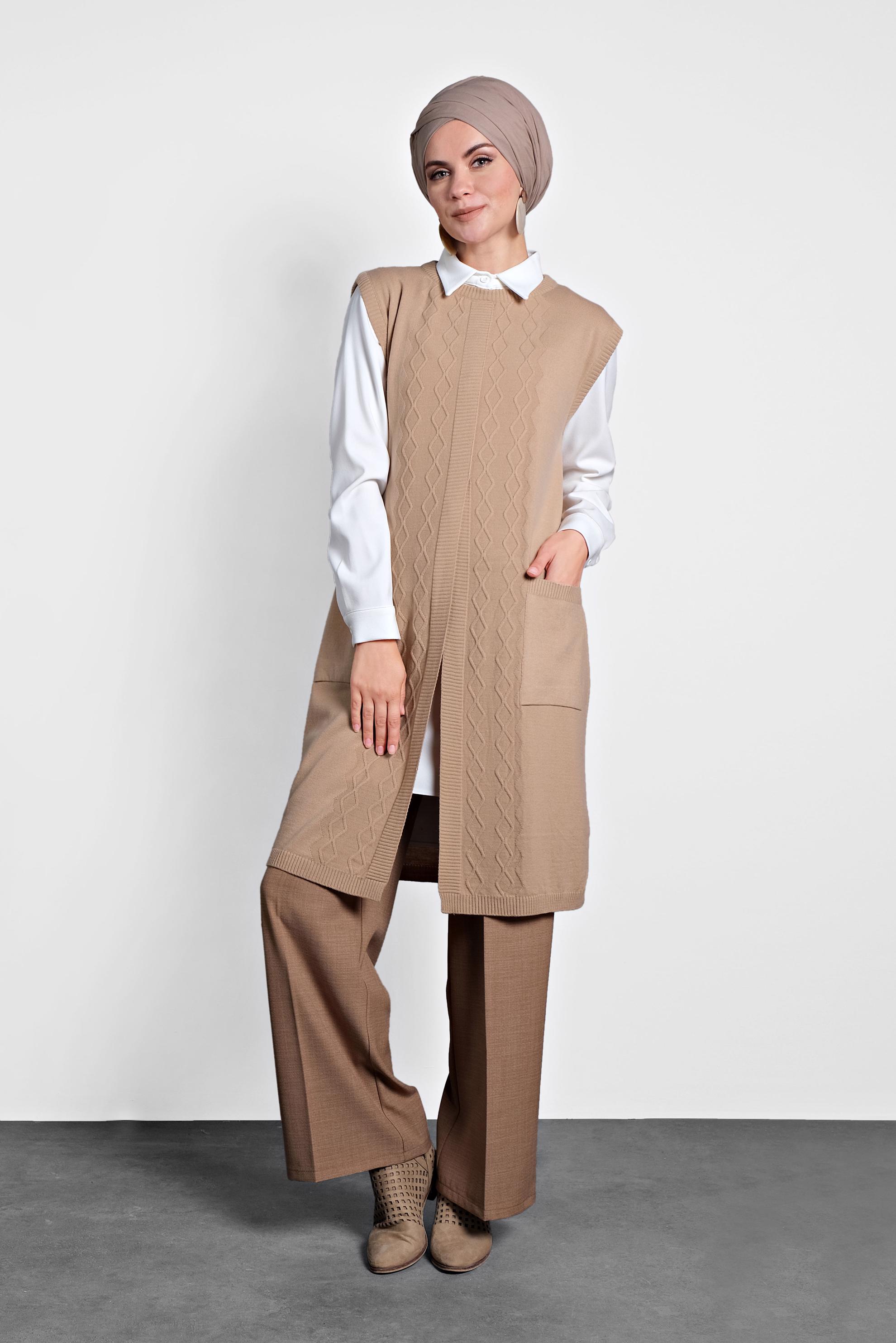 Tesettür giyim KAHVE CEPLİ TRİKO SÜVETER  40048 