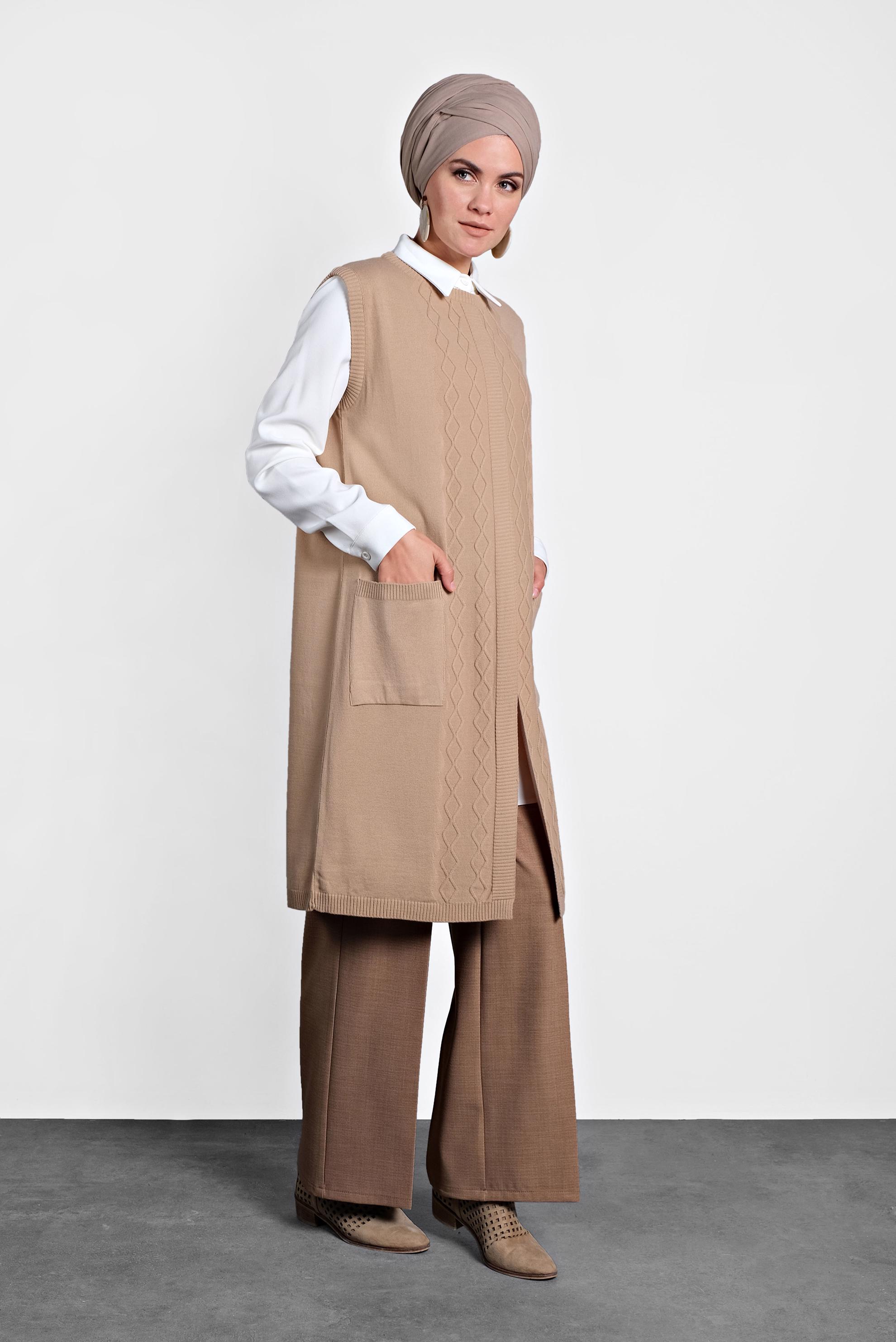 Tesettür giyim KAHVE CEPLİ TRİKO SÜVETER  40048 