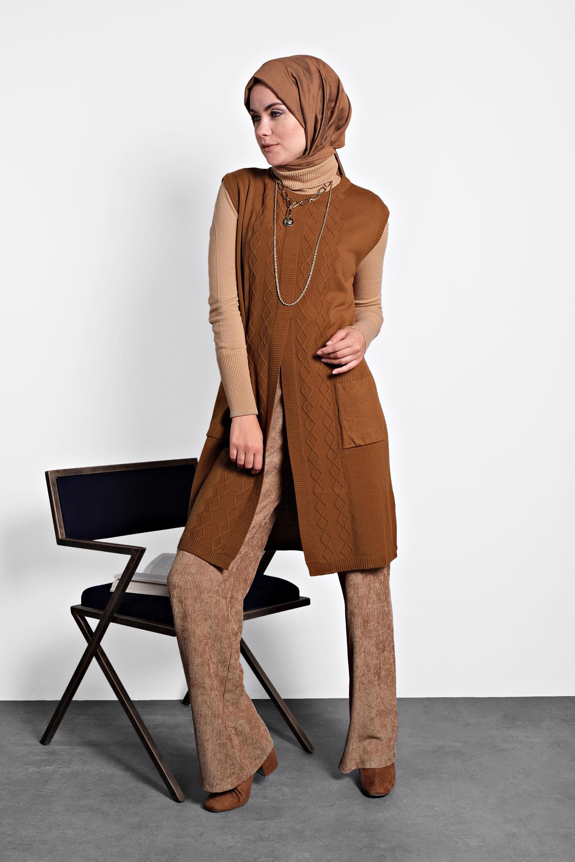 Tesettür giyim TABA CEPLİ TRİKO SÜVETER  40048 