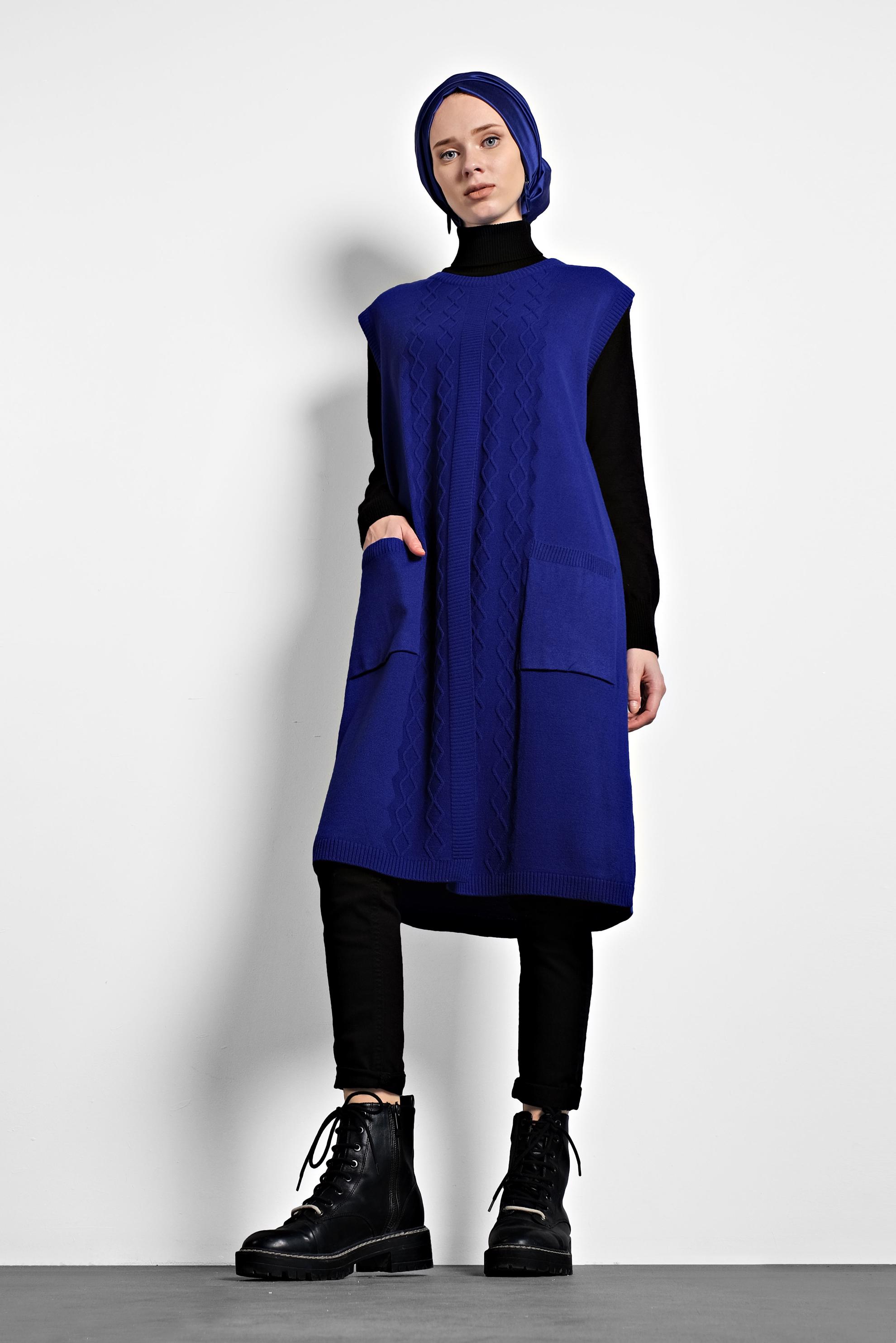 Tesettür giyim LACİVERT CEPLİ TRİKO SÜVETER  40048 