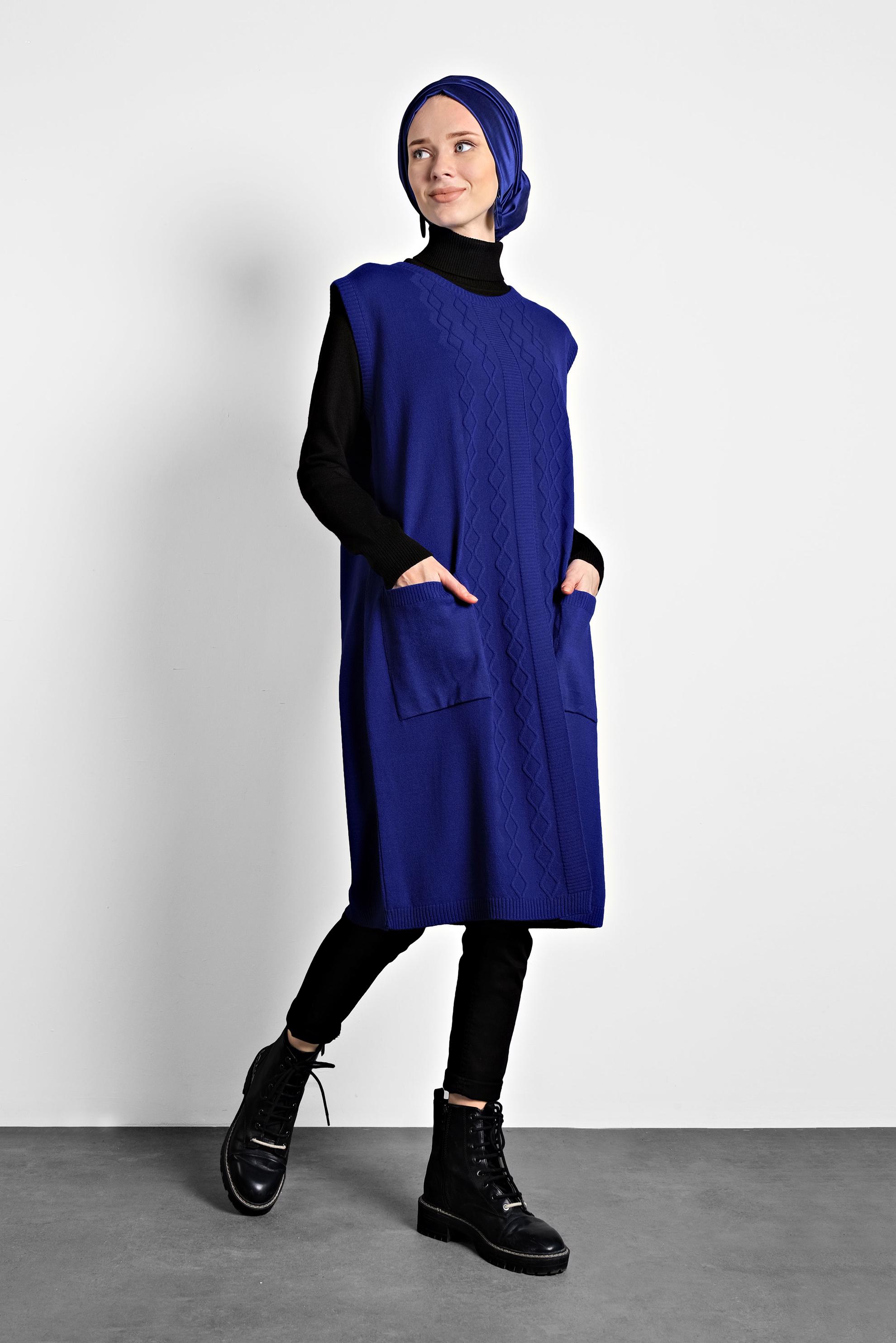 Tesettür giyim LACİVERT CEPLİ TRİKO SÜVETER  40048 