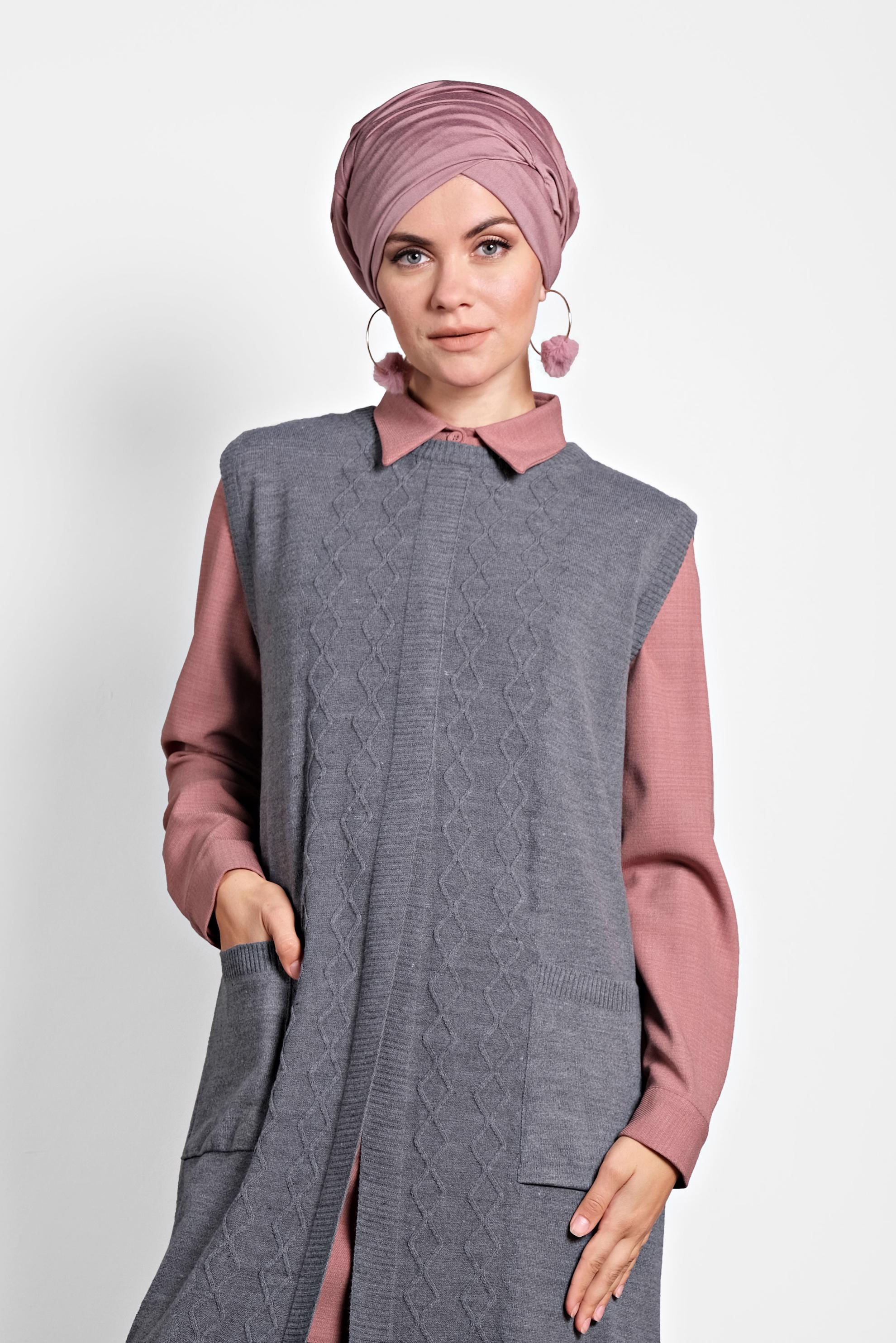 Tesettür giyim GRİ CEPLİ TRİKO SÜVETER  40048 