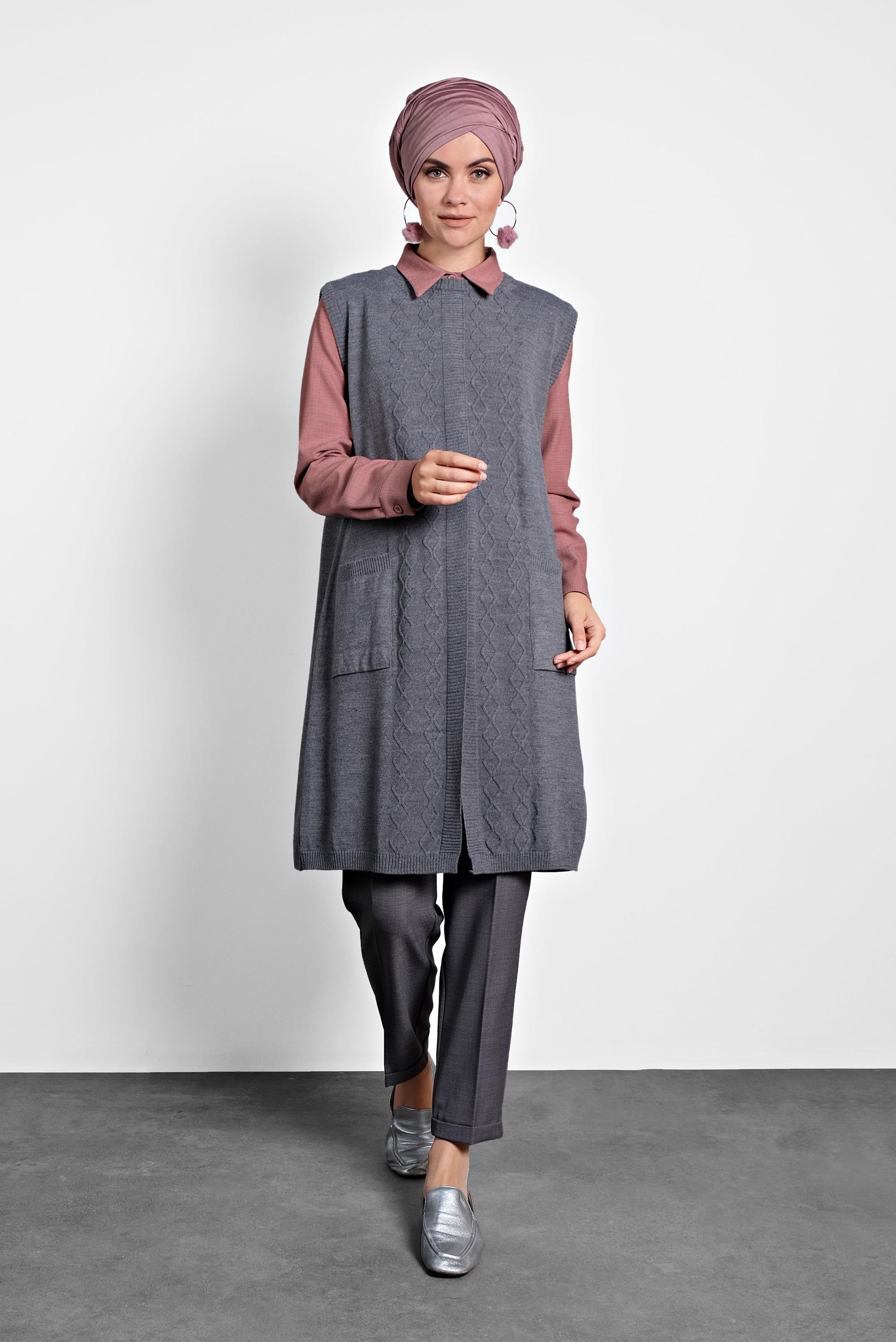 Tesettür giyim GRİ CEPLİ TRİKO SÜVETER  40048 