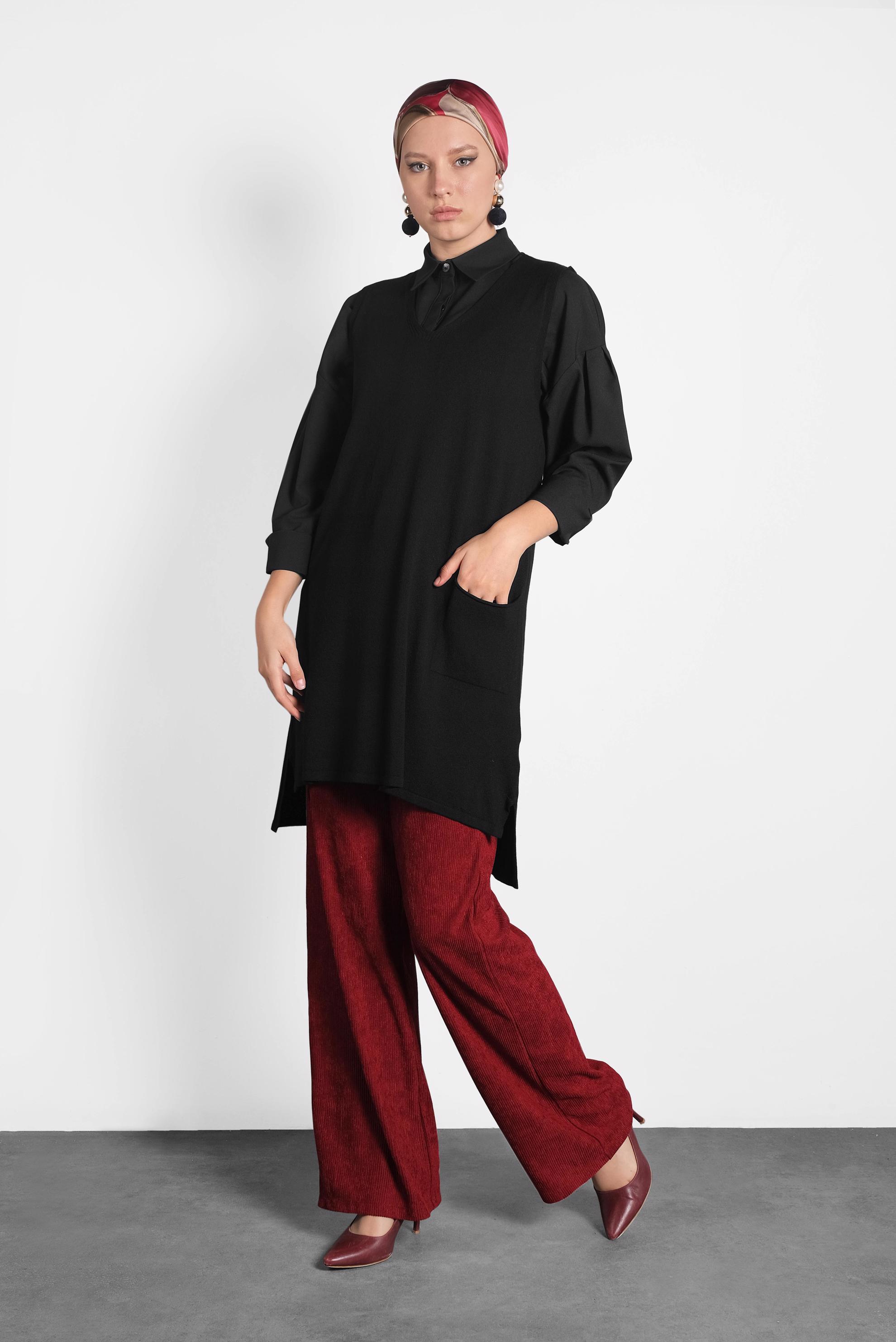 Tesettür giyim SİYAH V YAKA  TRİKO SÜVETER 40071 