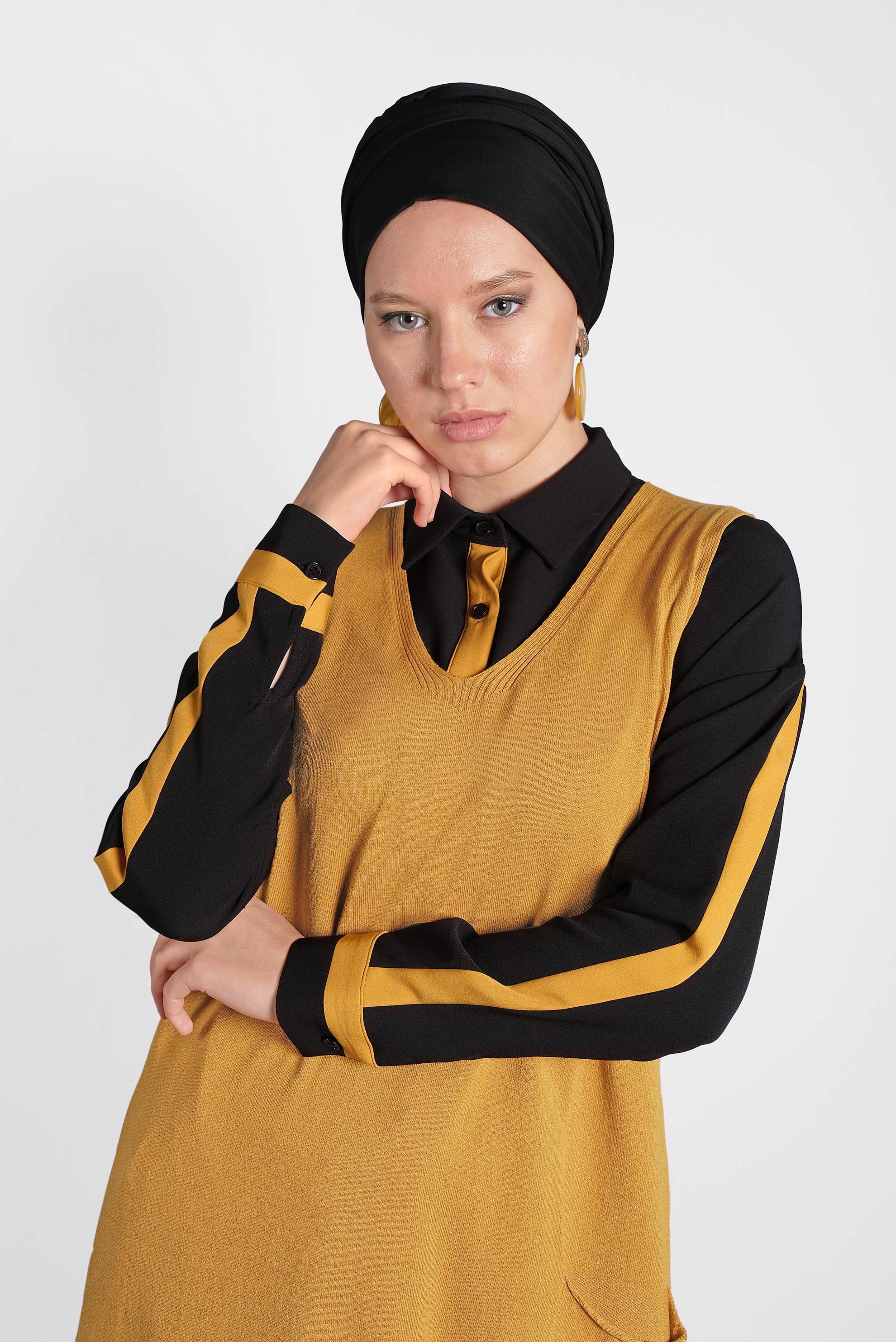Tesettür giyim SARI V YAKA  TRİKO SÜVETER 40071 