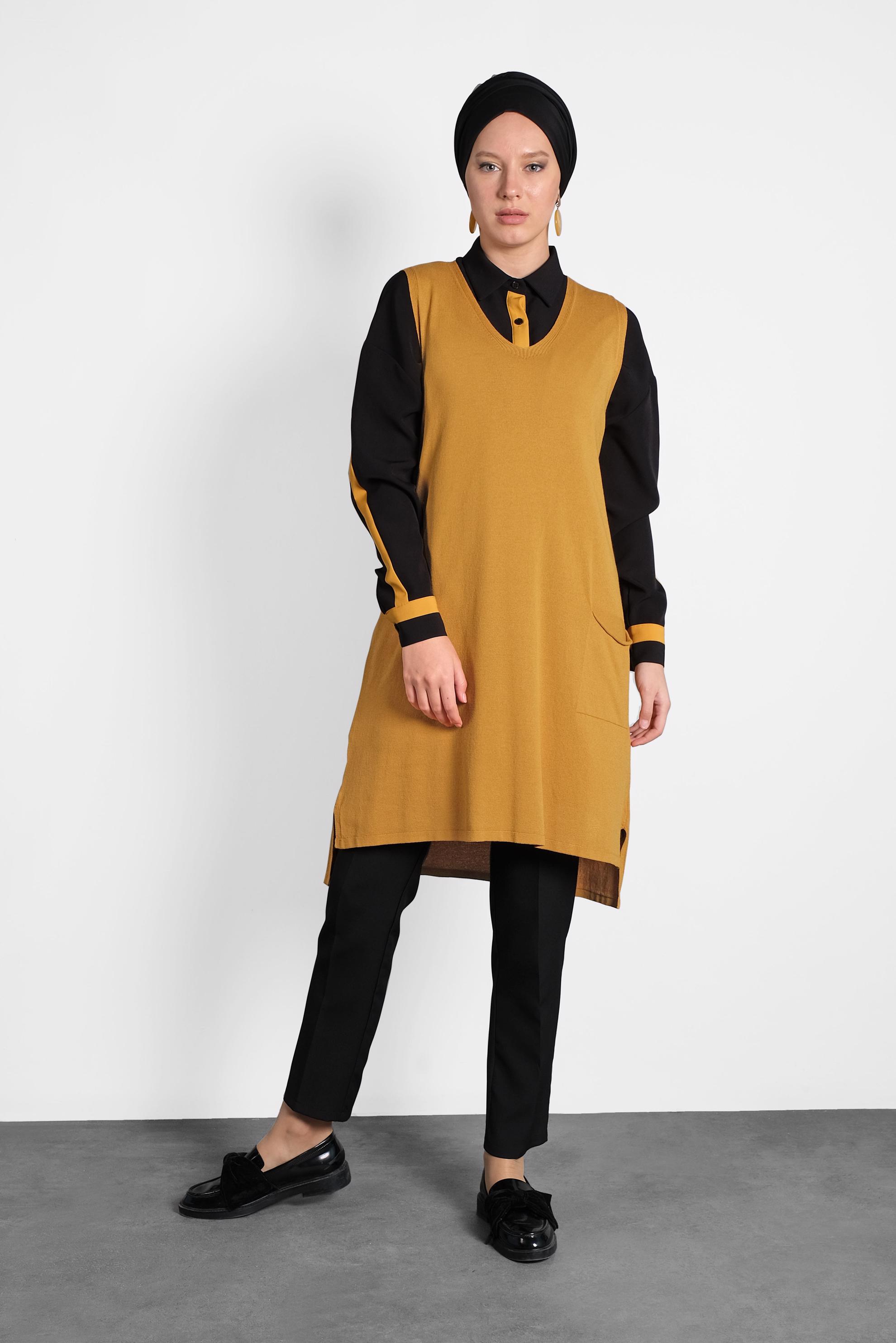 Tesettür giyim SARI V YAKA  TRİKO SÜVETER 40071 