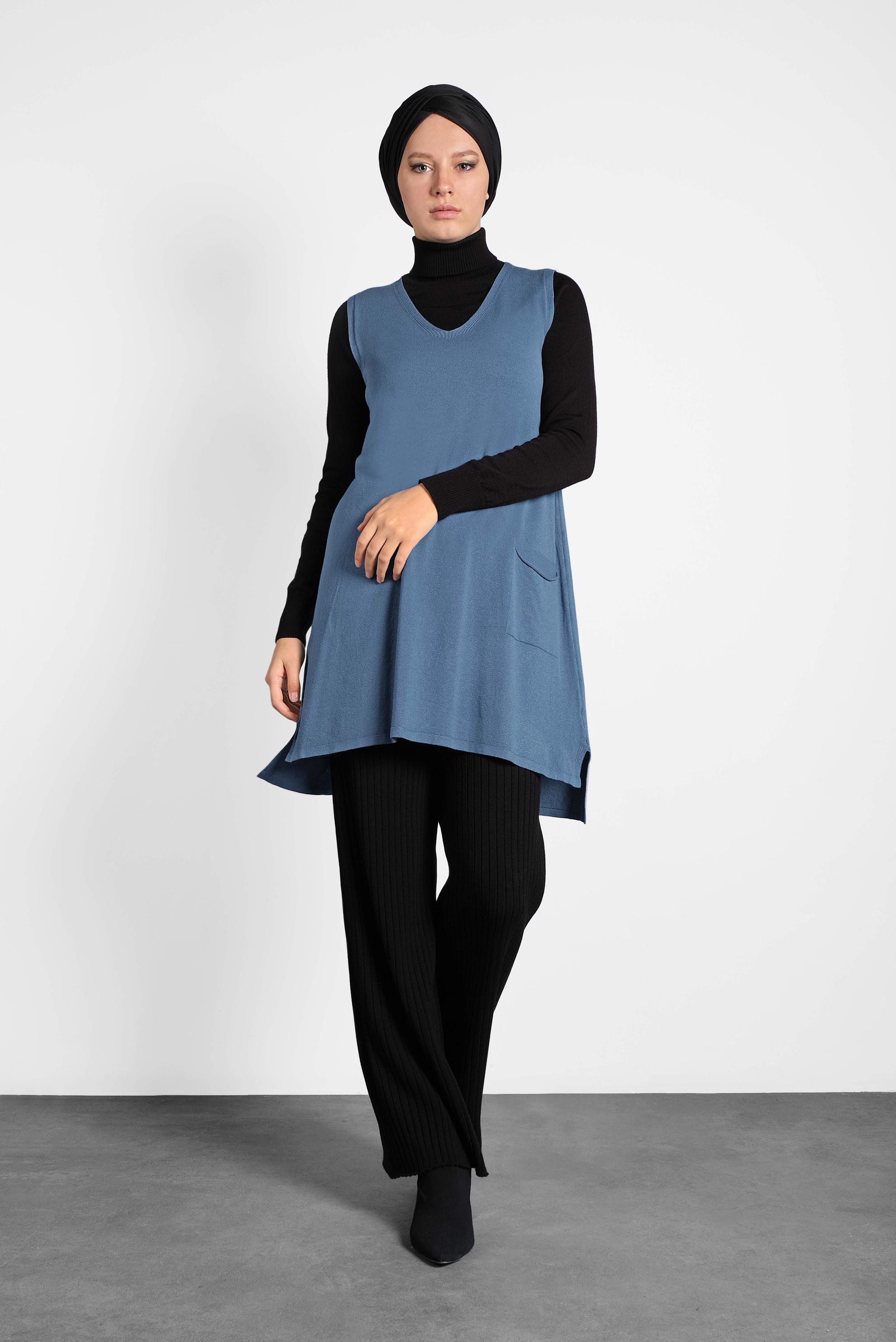 Tesettür giyim MAVİ V YAKA  TRİKO SÜVETER 40071 