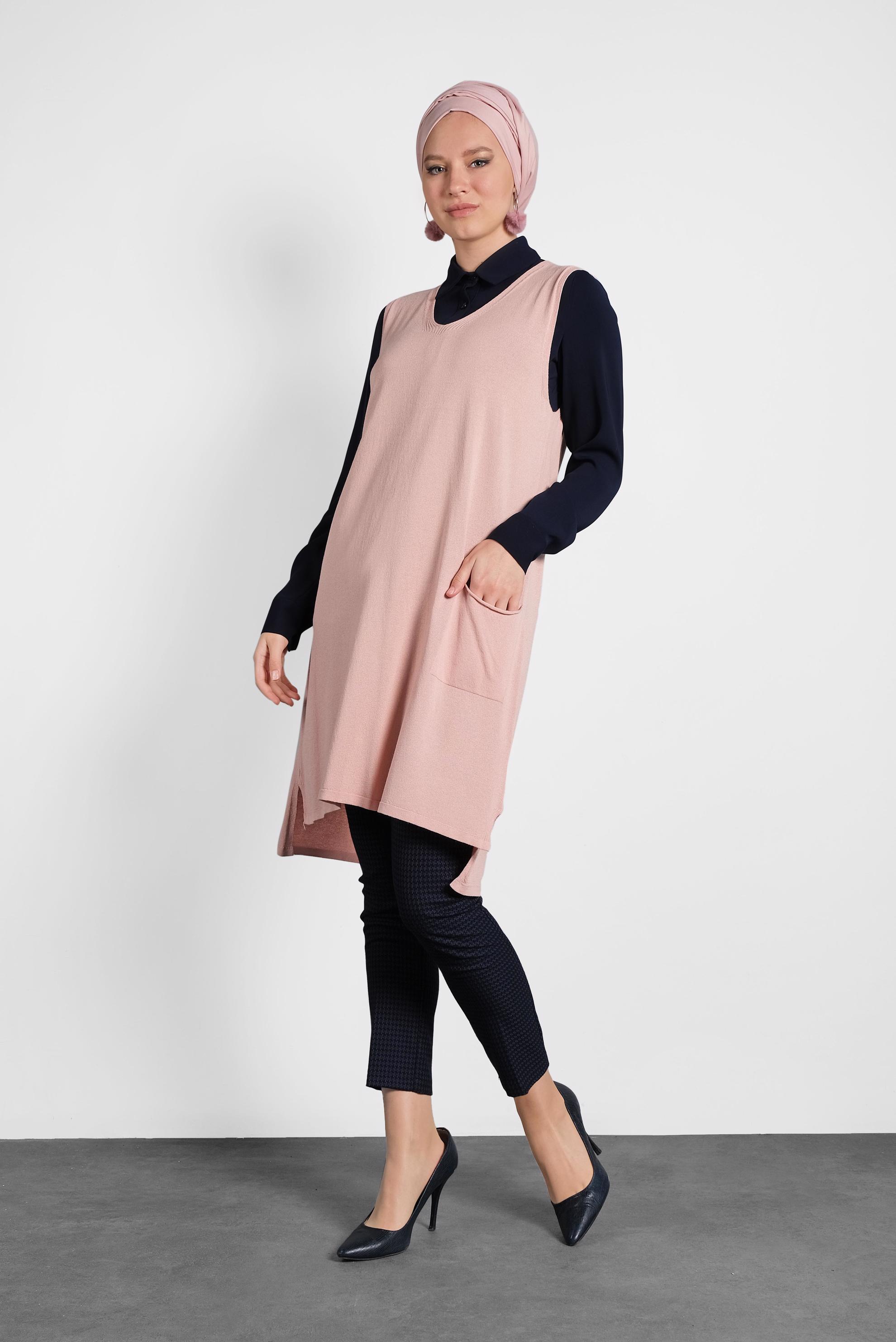 Tesettür giyim PEMBE V YAKA  TRİKO SÜVETER 40071 