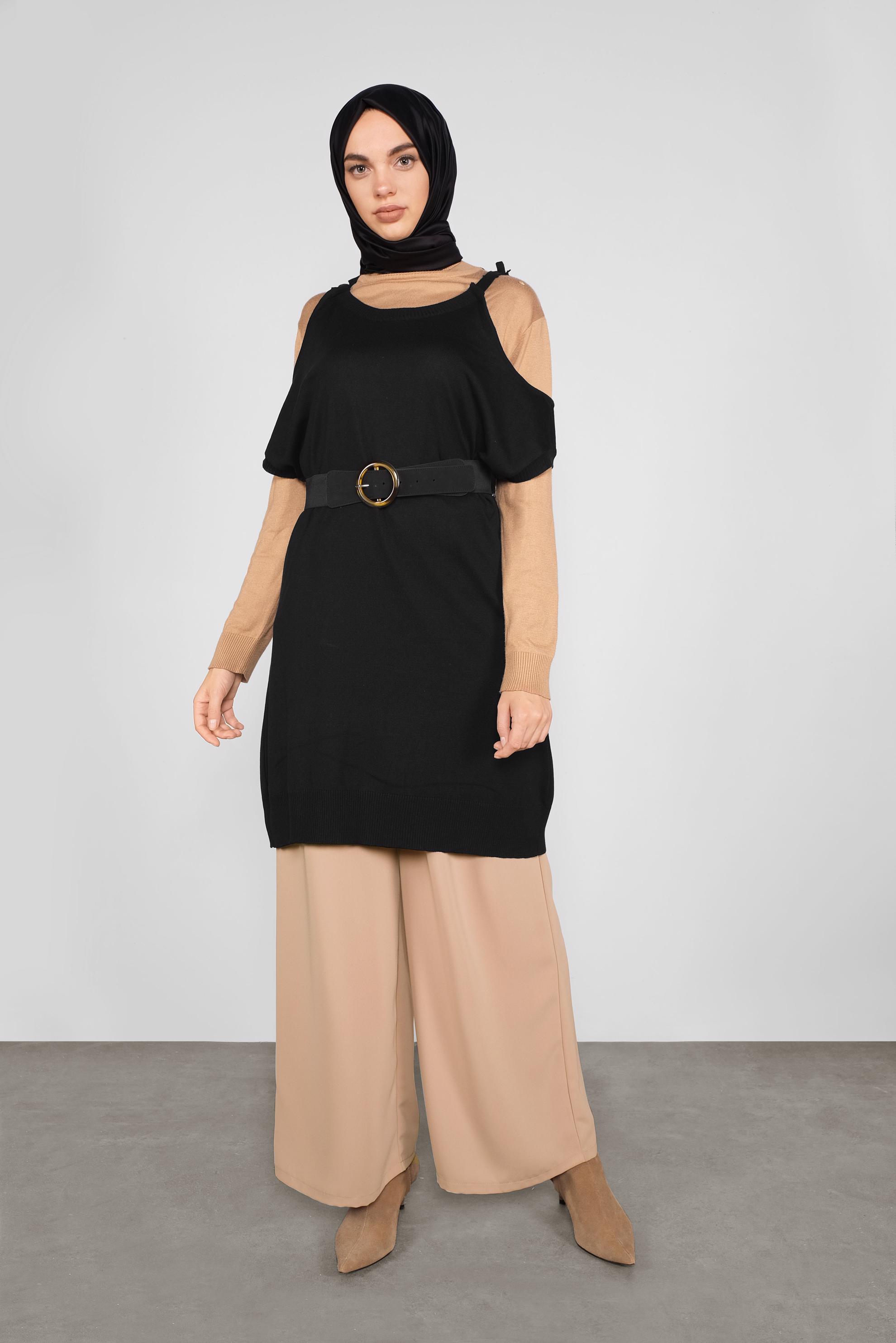 Tesettür giyim SİYAH BAĞCIKLI TRİKO SÜVETER 41038