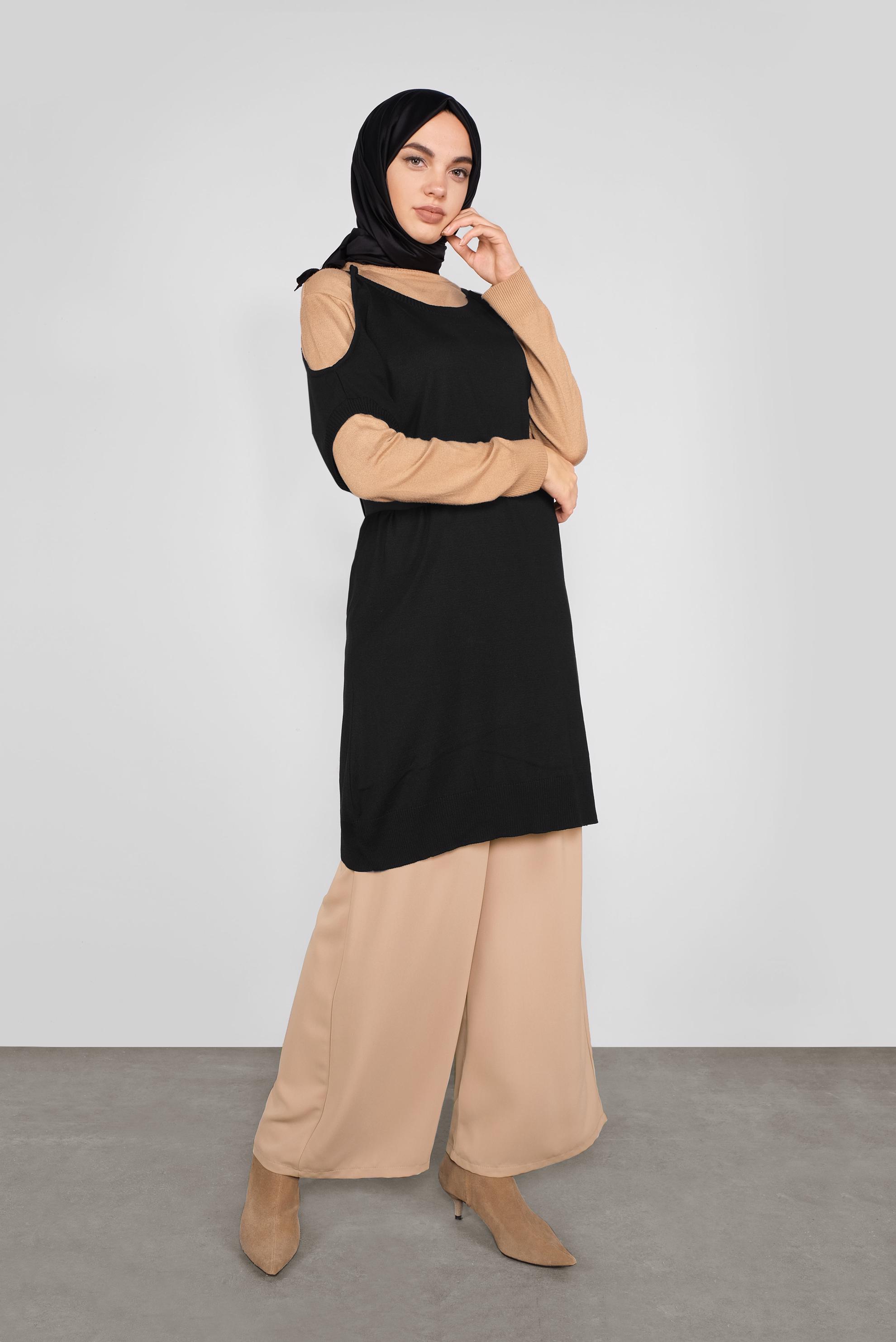 Tesettür giyim SİYAH BAĞCIKLI TRİKO SÜVETER 41038