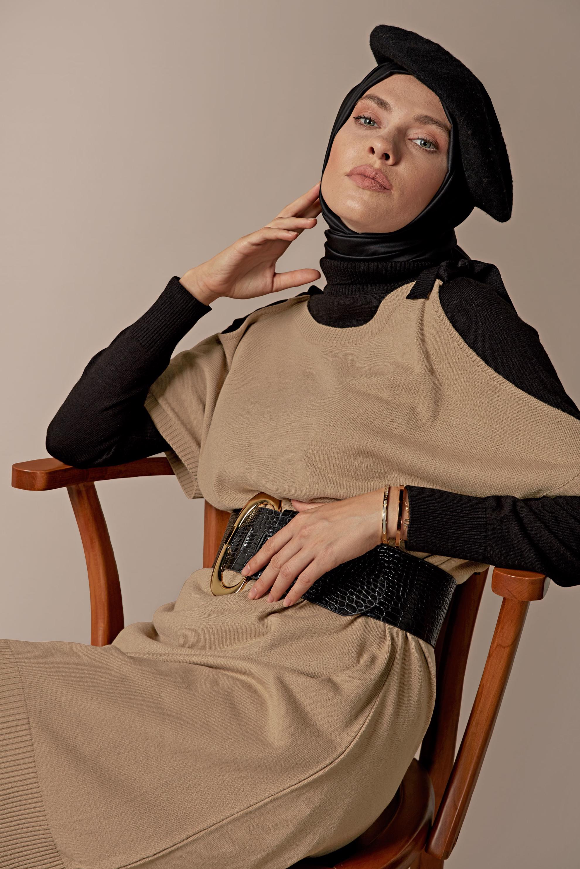 Tesettür giyim KAHVE BAĞCIKLI TRİKO SÜVETER 41038