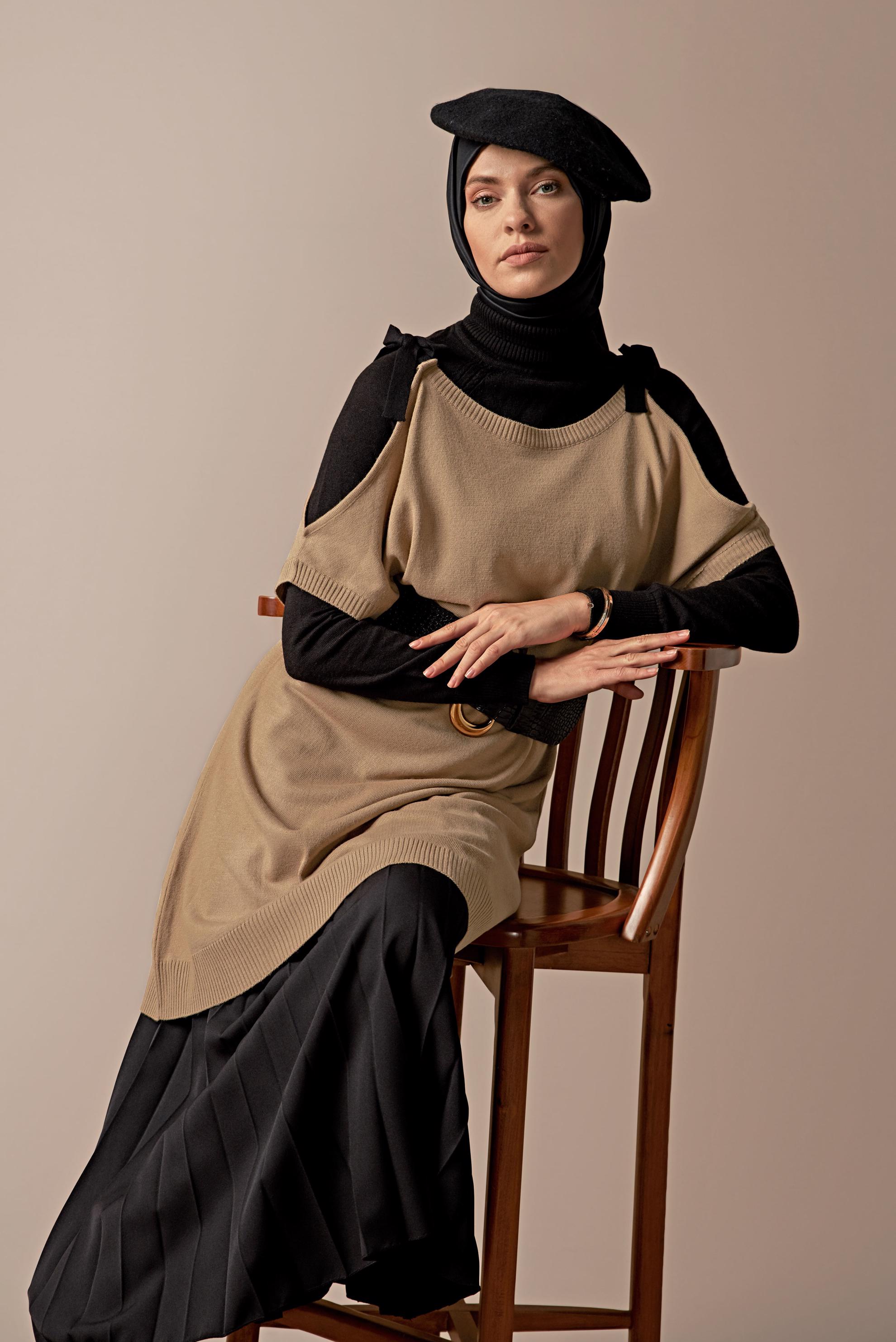 Tesettür giyim KAHVE BAĞCIKLI TRİKO SÜVETER 41038