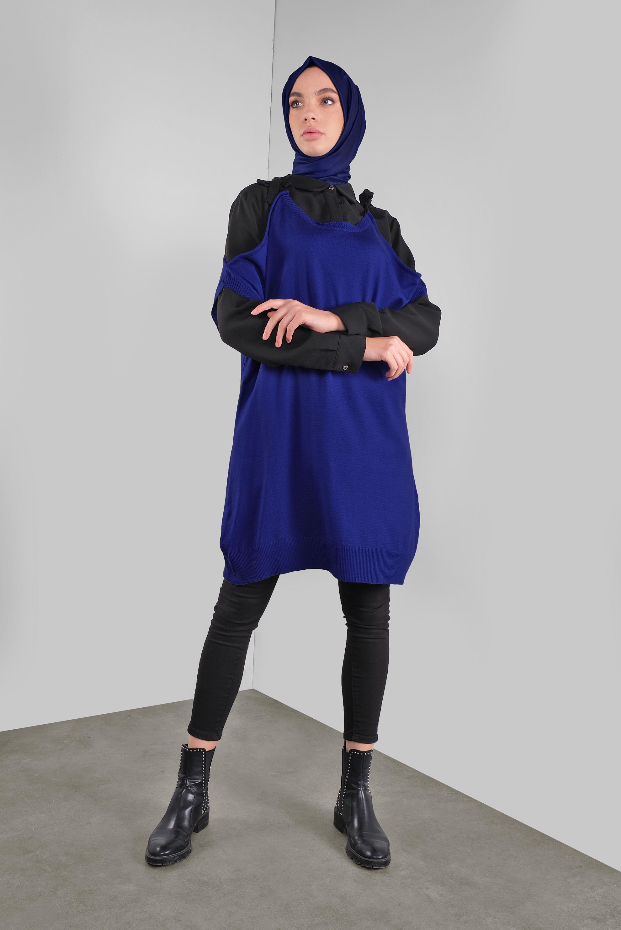 Tesettür giyim LACİVERT BAĞCIKLI TRİKO SÜVETER 41038