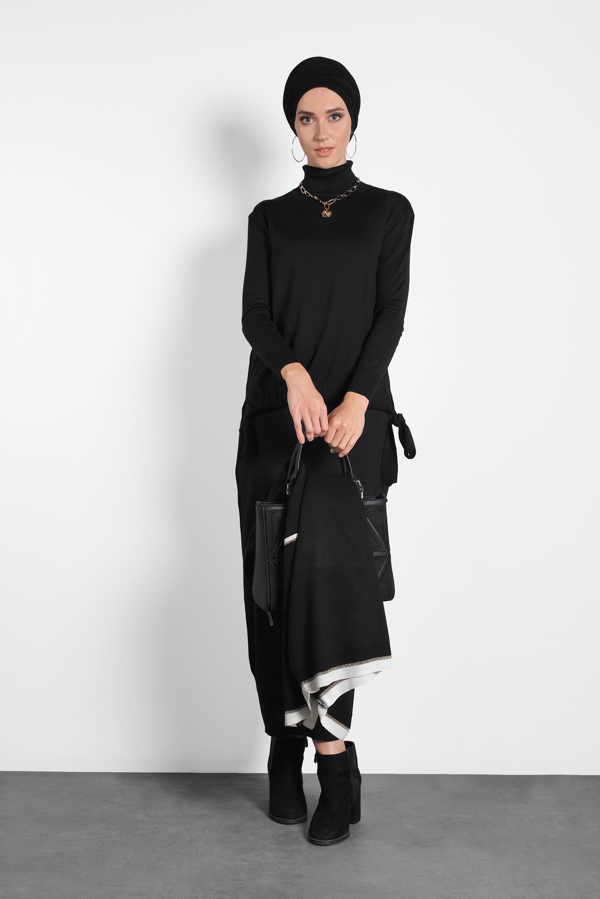 Hijab clothing BLACK SMOCKED KNIT SKIRT SUIT 40039 