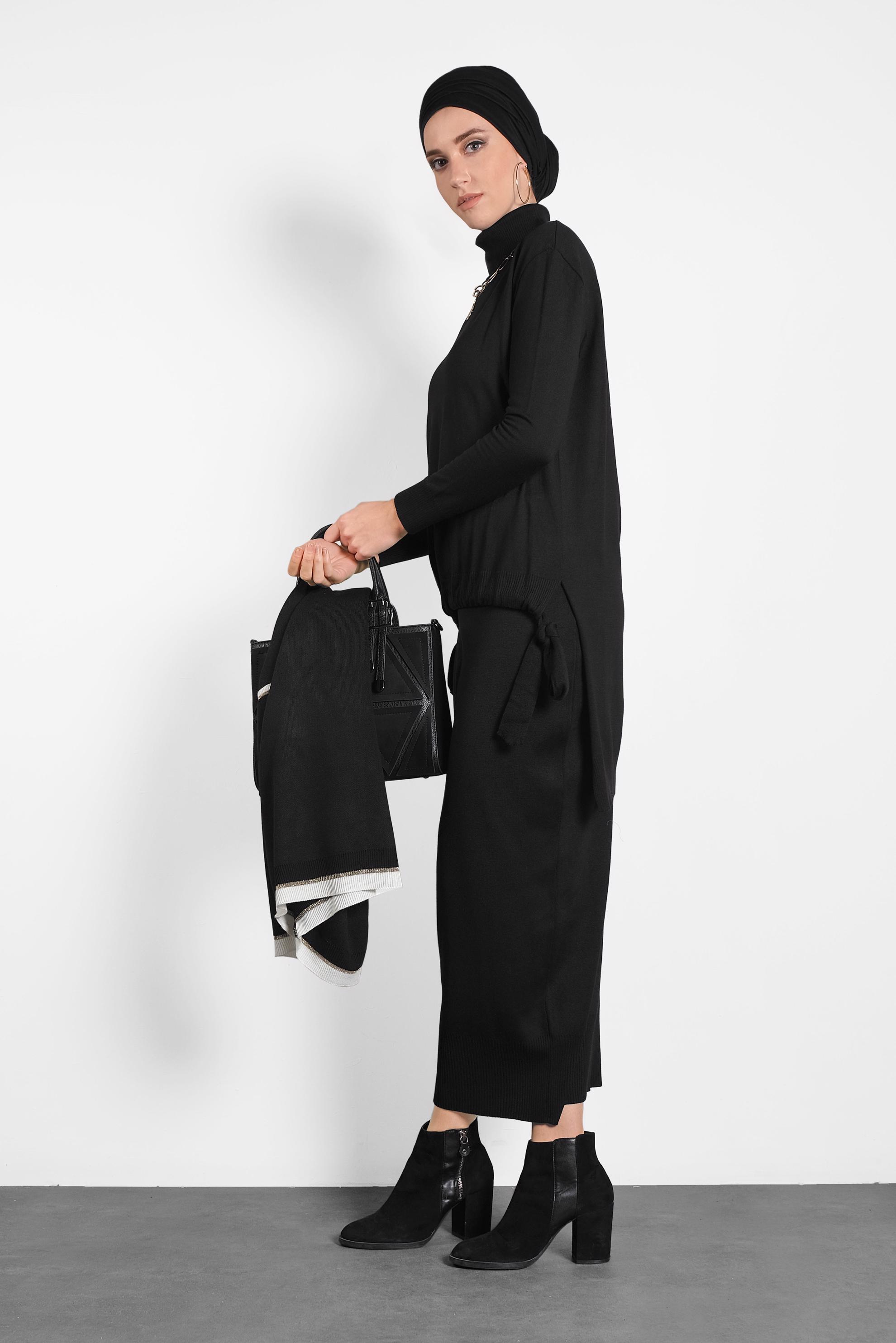 Hijab clothing BLACK SMOCKED KNIT SKIRT SUIT 40039 