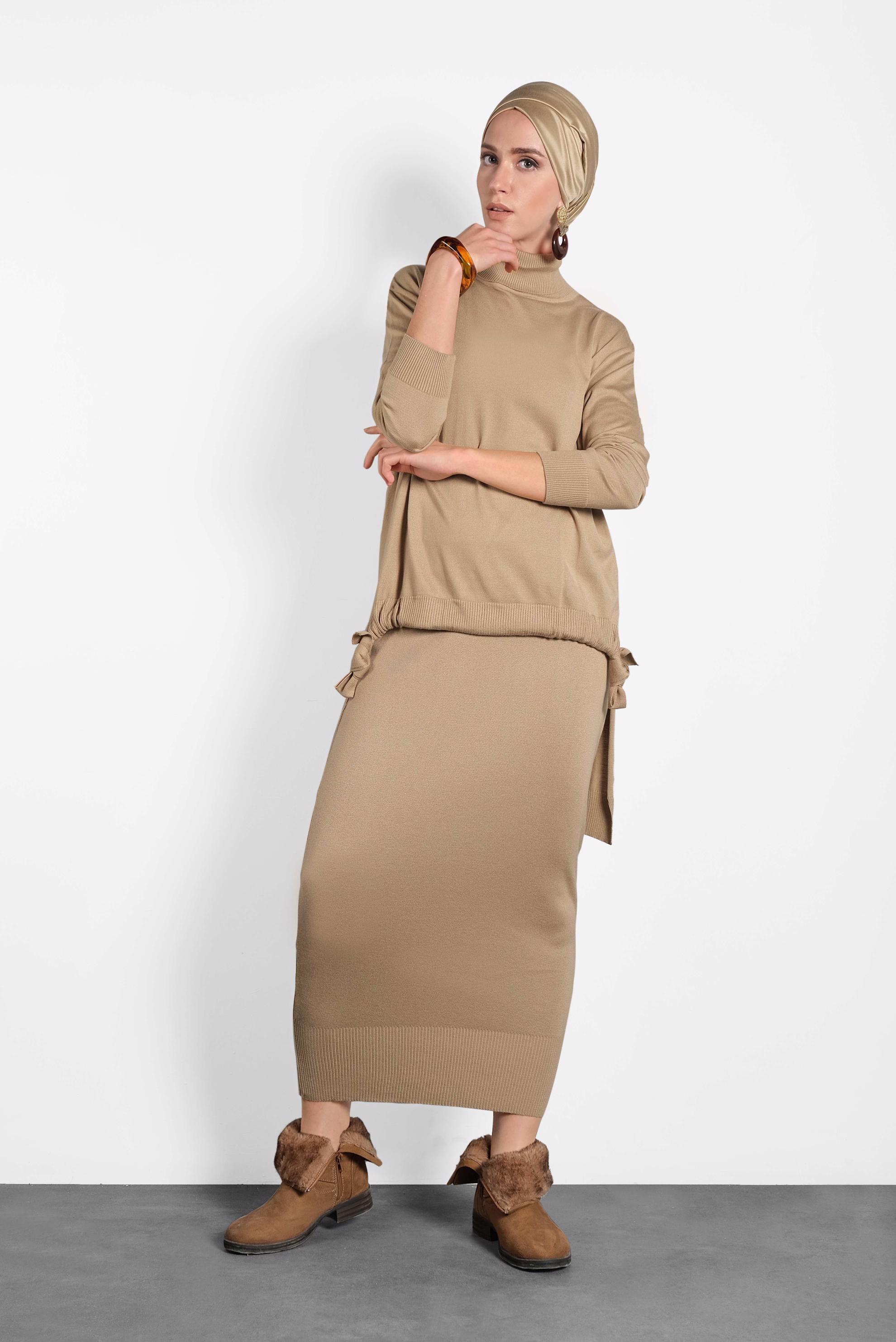 Hijab clothing BROWN SMOCKED KNIT SKIRT SUIT 40039 