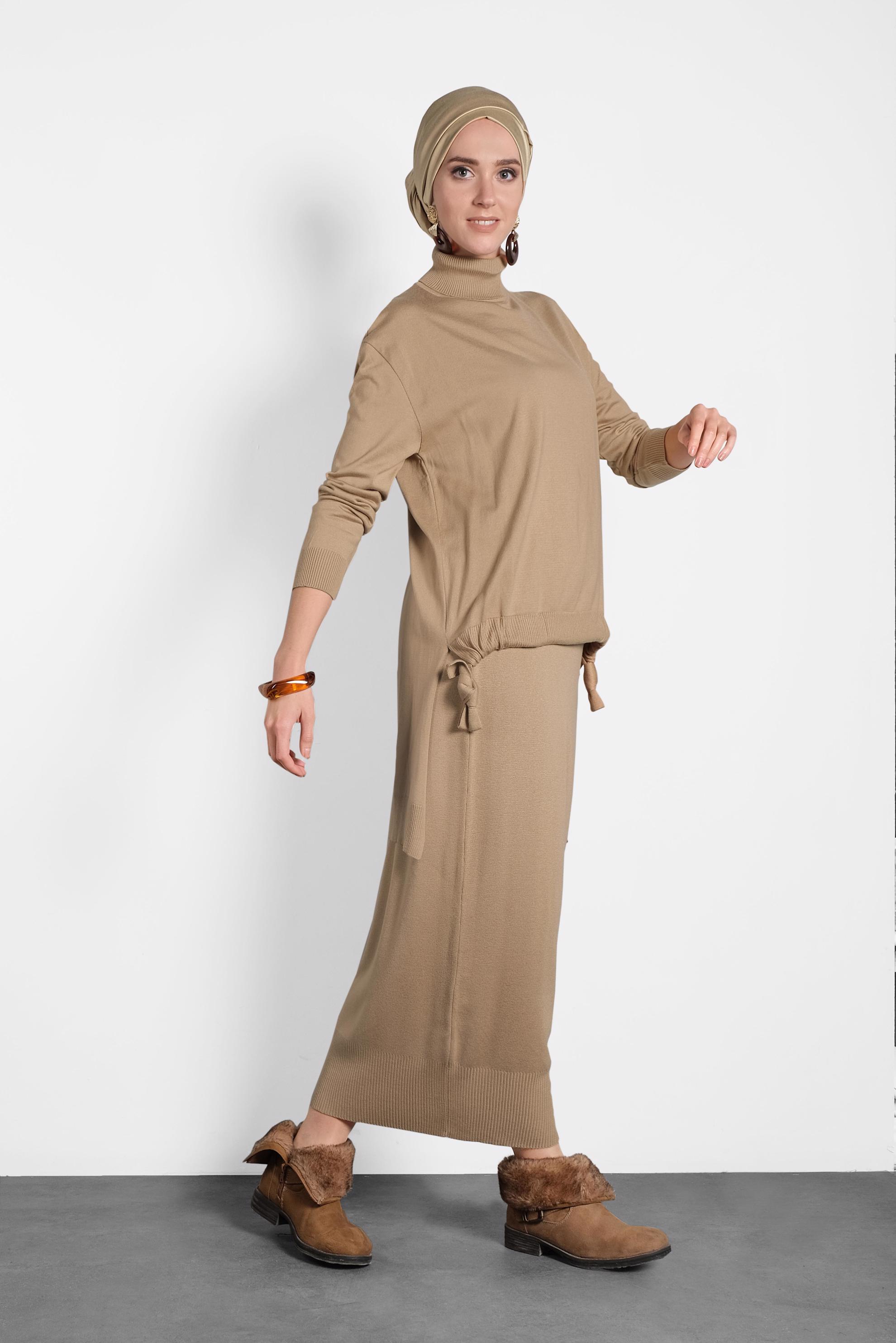 Hijab clothing BROWN SMOCKED KNIT SKIRT SUIT 40039 