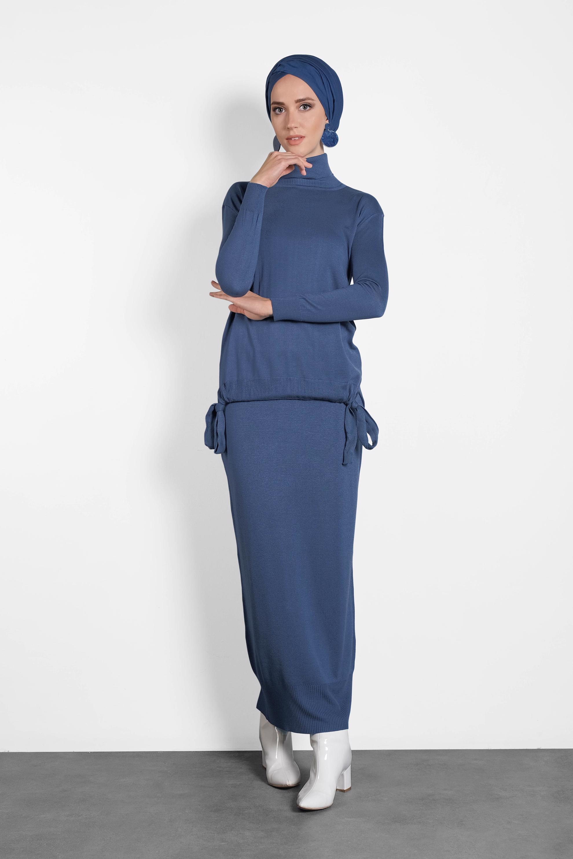 Tesettür giyim LACİVERT BÜZGÜLÜ TRİKO ETEKLİ TAKIM 40039