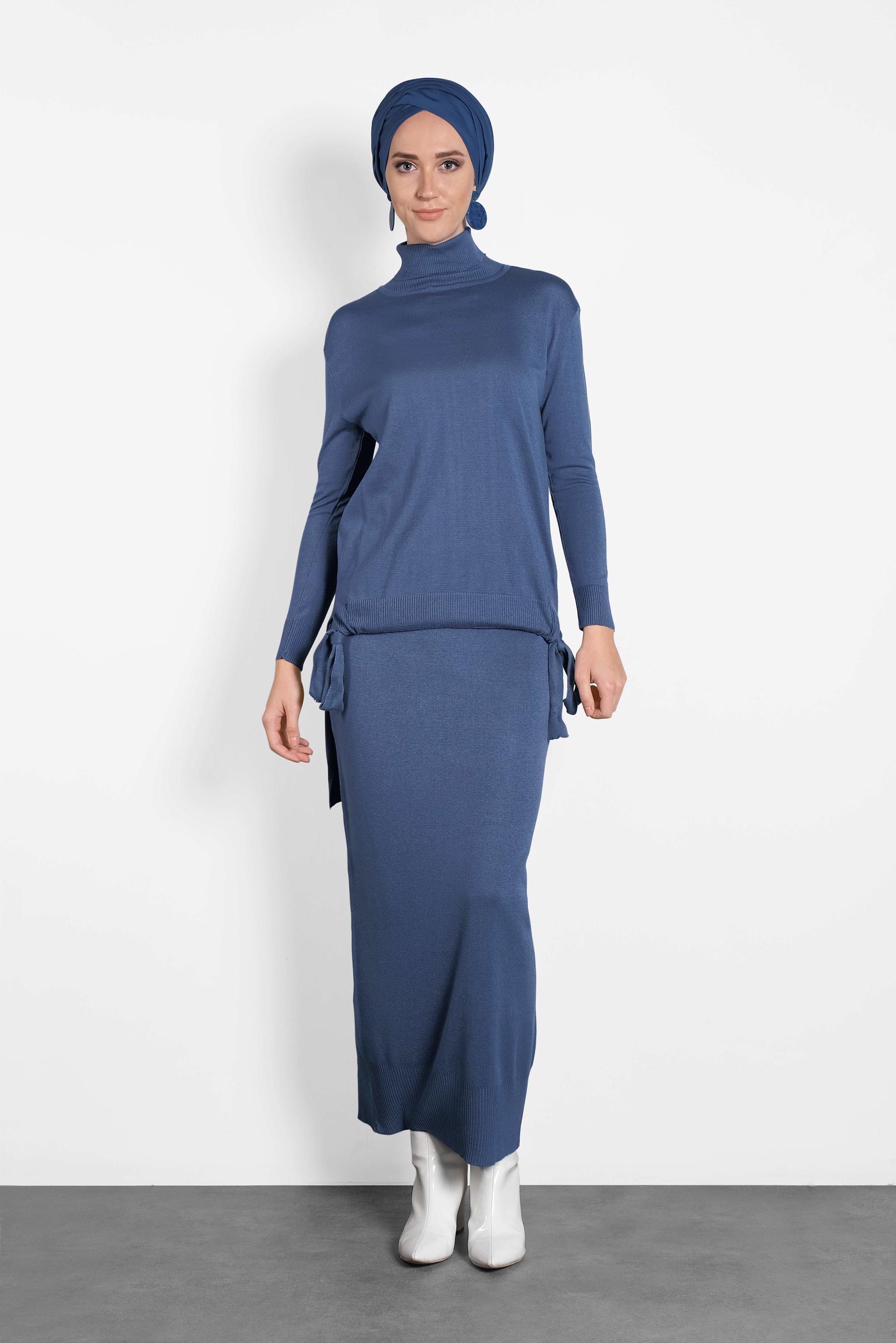 Tesettür giyim LACİVERT BÜZGÜLÜ TRİKO ETEKLİ TAKIM 40039