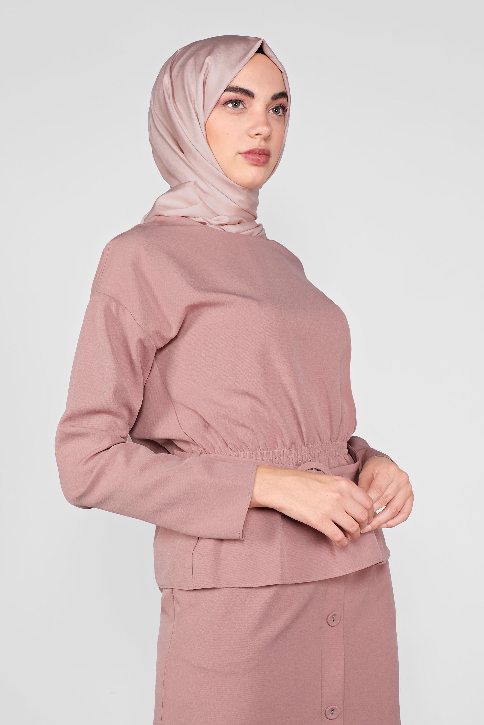 Tesettür giyim PUDRA KEMERLİ DÜĞMELİ ETEKLİ TAKIM 40145