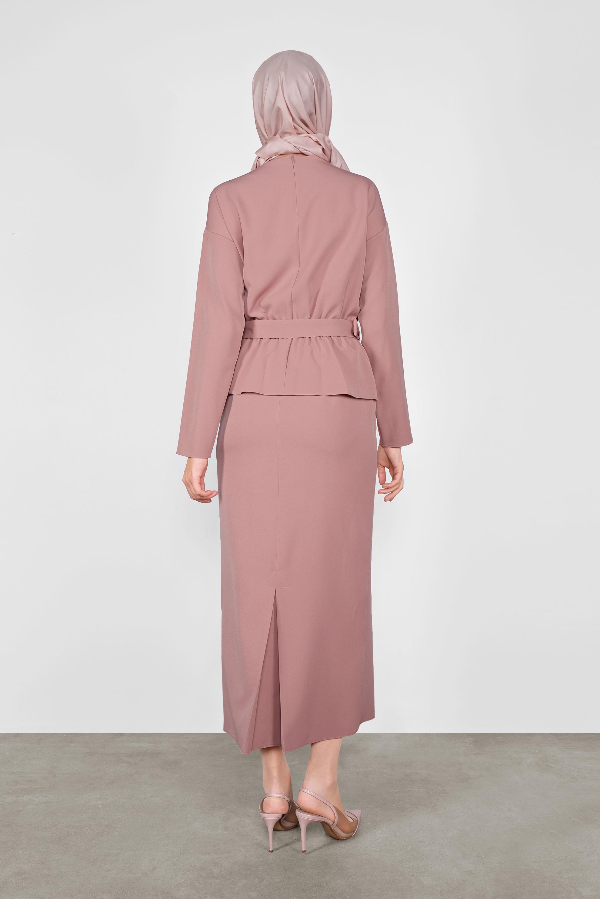 Tesettür giyim PUDRA KEMERLİ DÜĞMELİ ETEKLİ TAKIM 40145