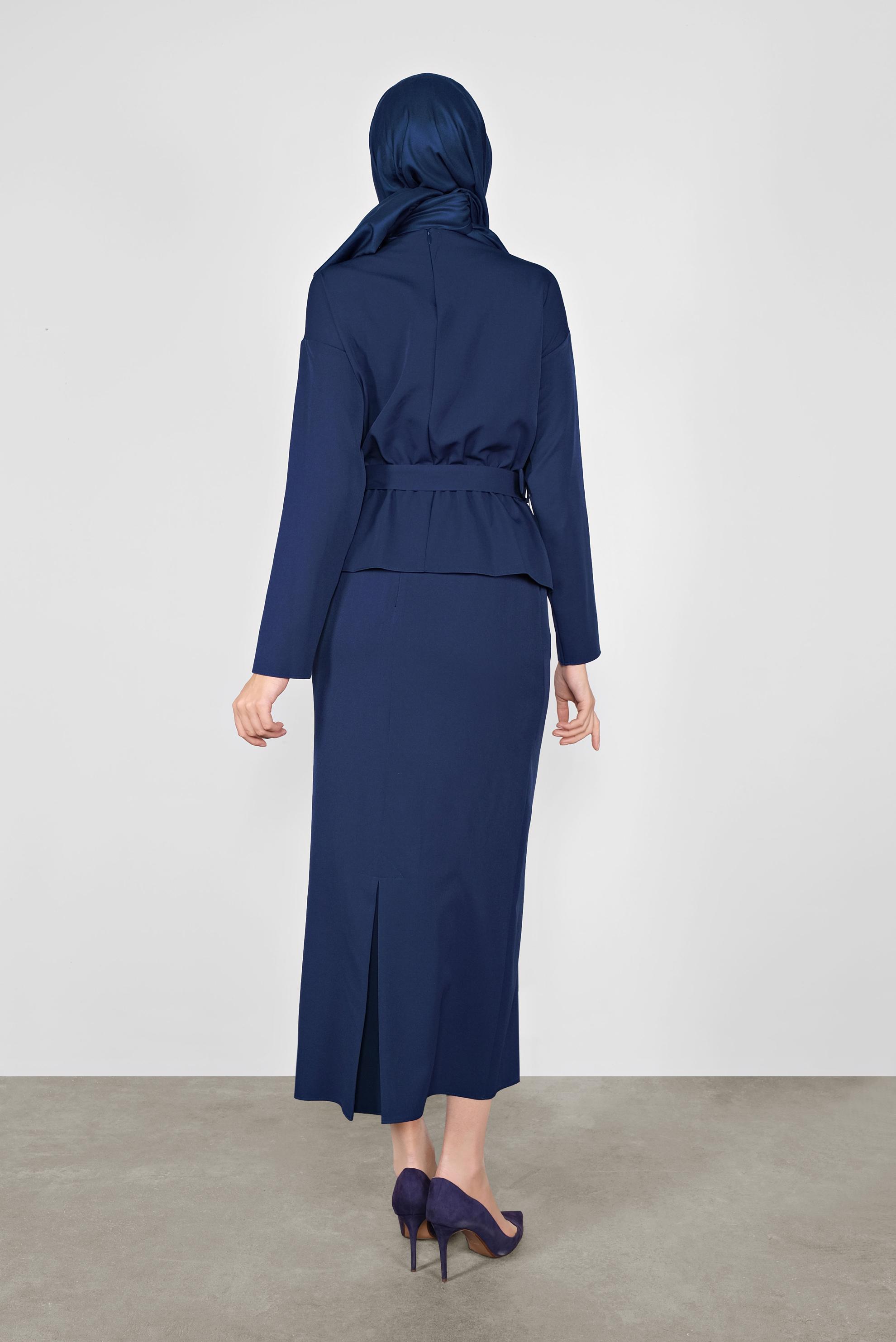 Tesettür giyim LACİVERT KEMERLİ DÜĞMELİ ETEKLİ TAKIM 40145